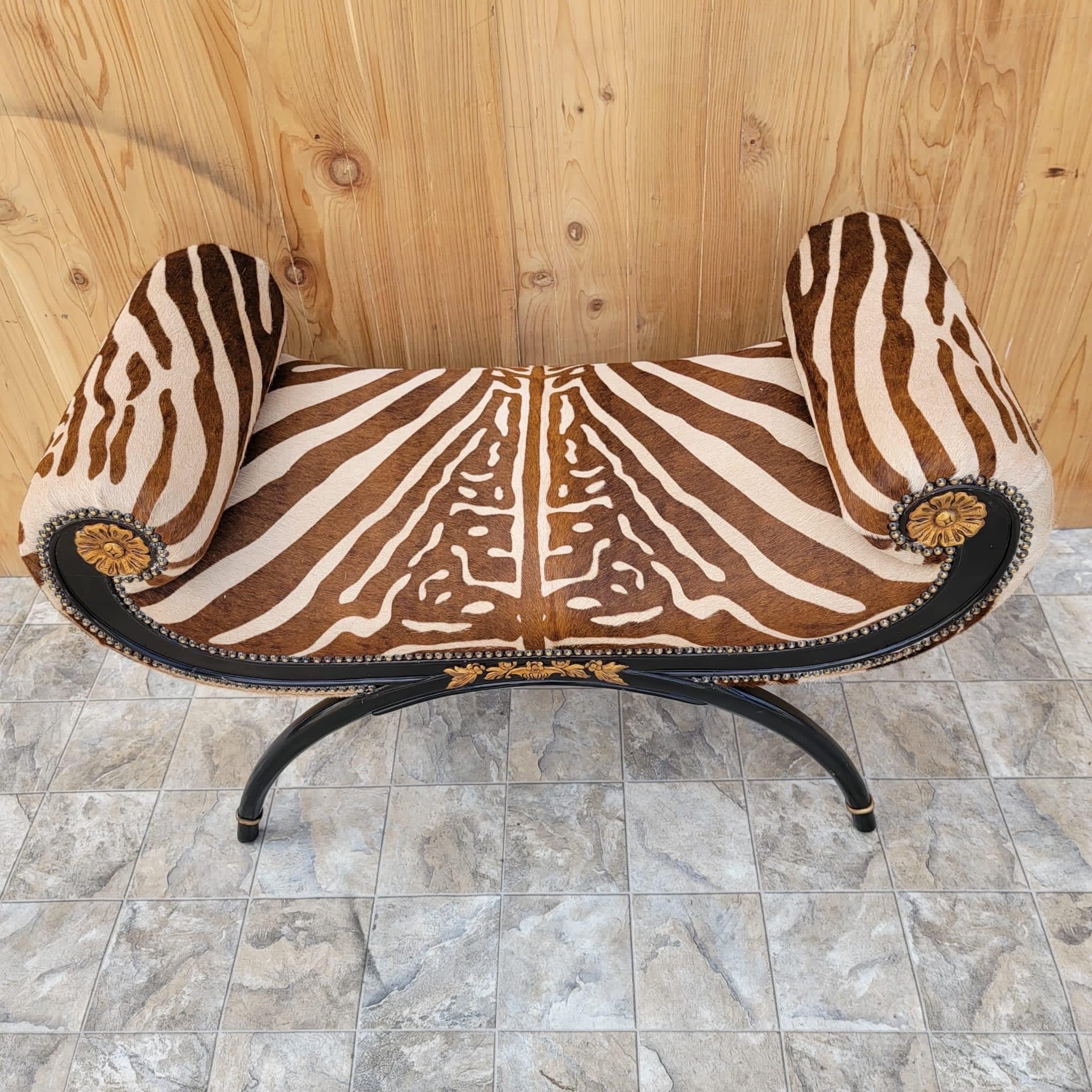 Regency Style Ebonized and Gilded Wood Scroll-Arm Zebra Striped Cowhide Bench For Sale 3
