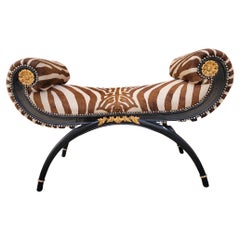 Regency Style Ebonized and Gilded Wood Scroll-Arm Zebra Striped Cowhide Bench