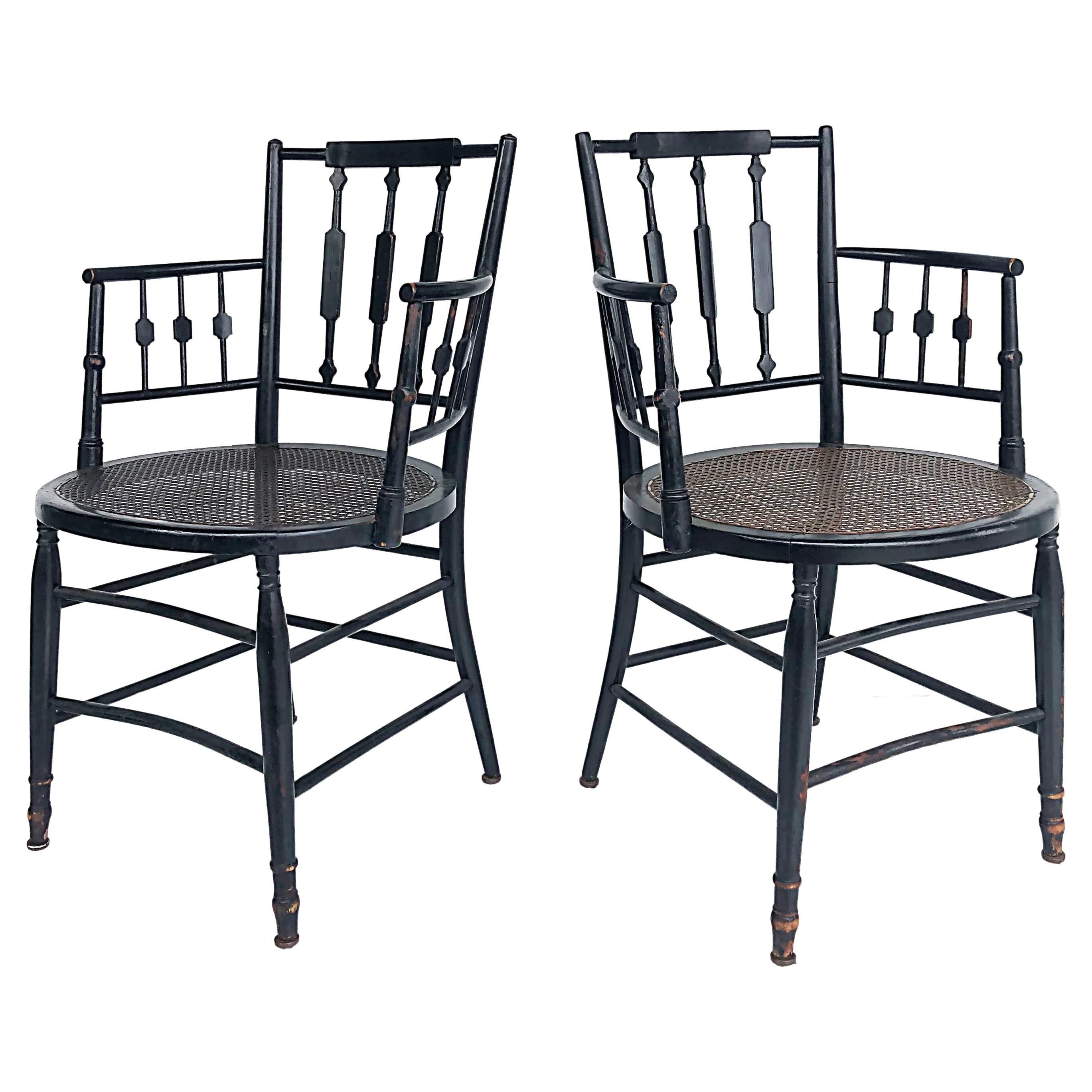 Regency Style Ebonized Arrow-back Slatted Armchairs with Caned Seats, Pair