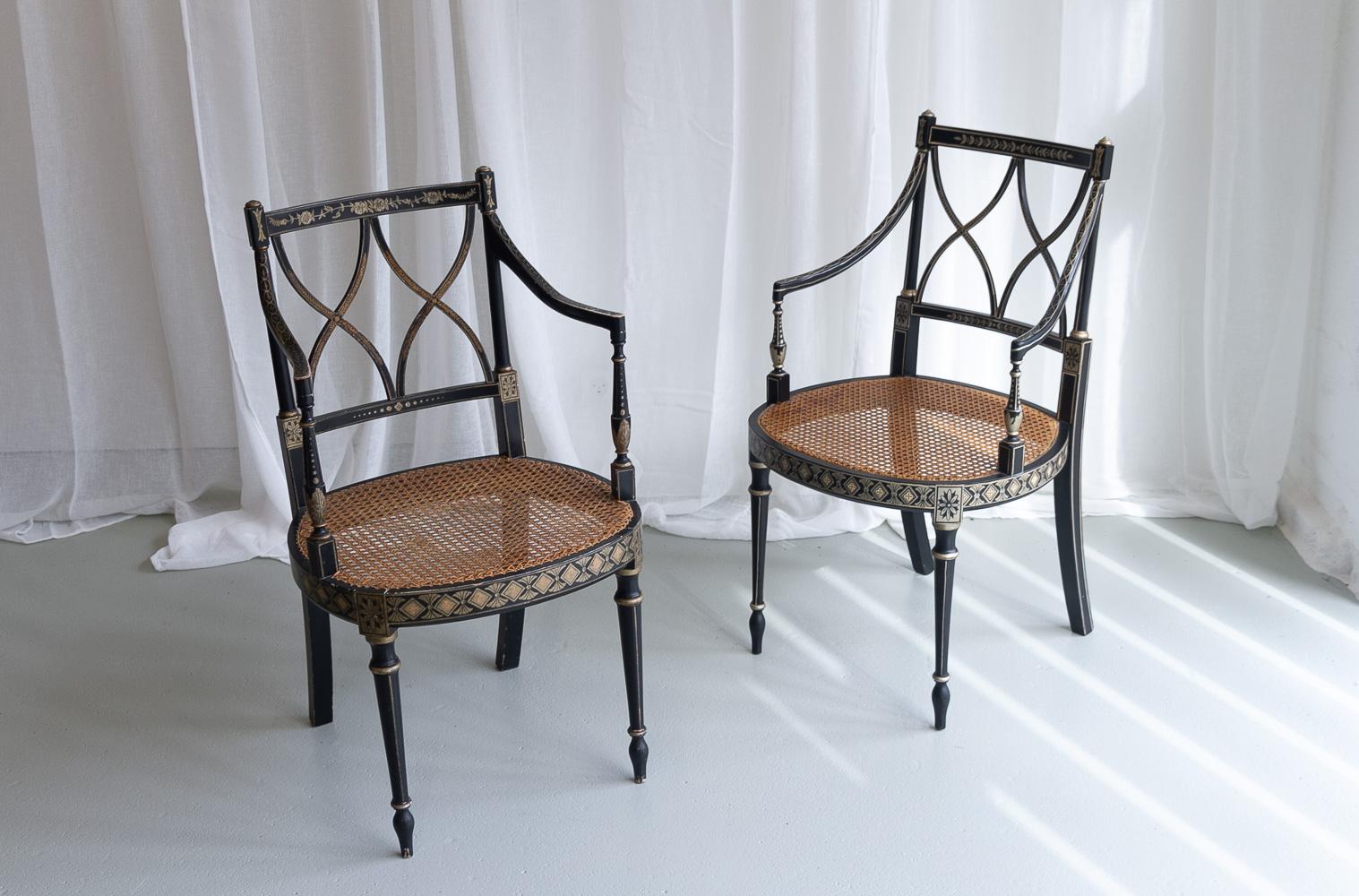 Regency Style Ebonized Cane Armchairs, Set of 2. For Sale 4