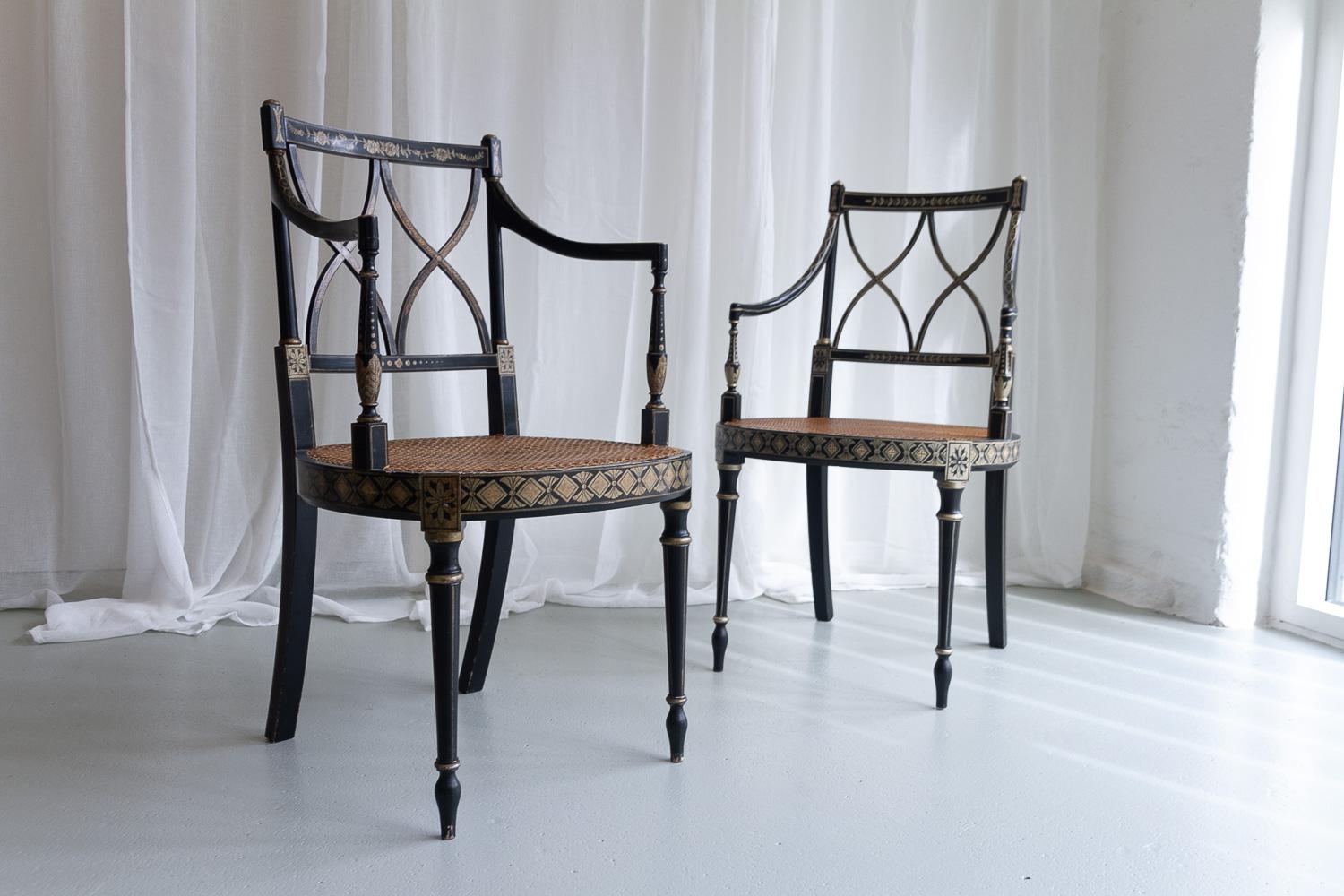 Regency Style Ebonized Cane Armchairs, Set of 2. For Sale 5
