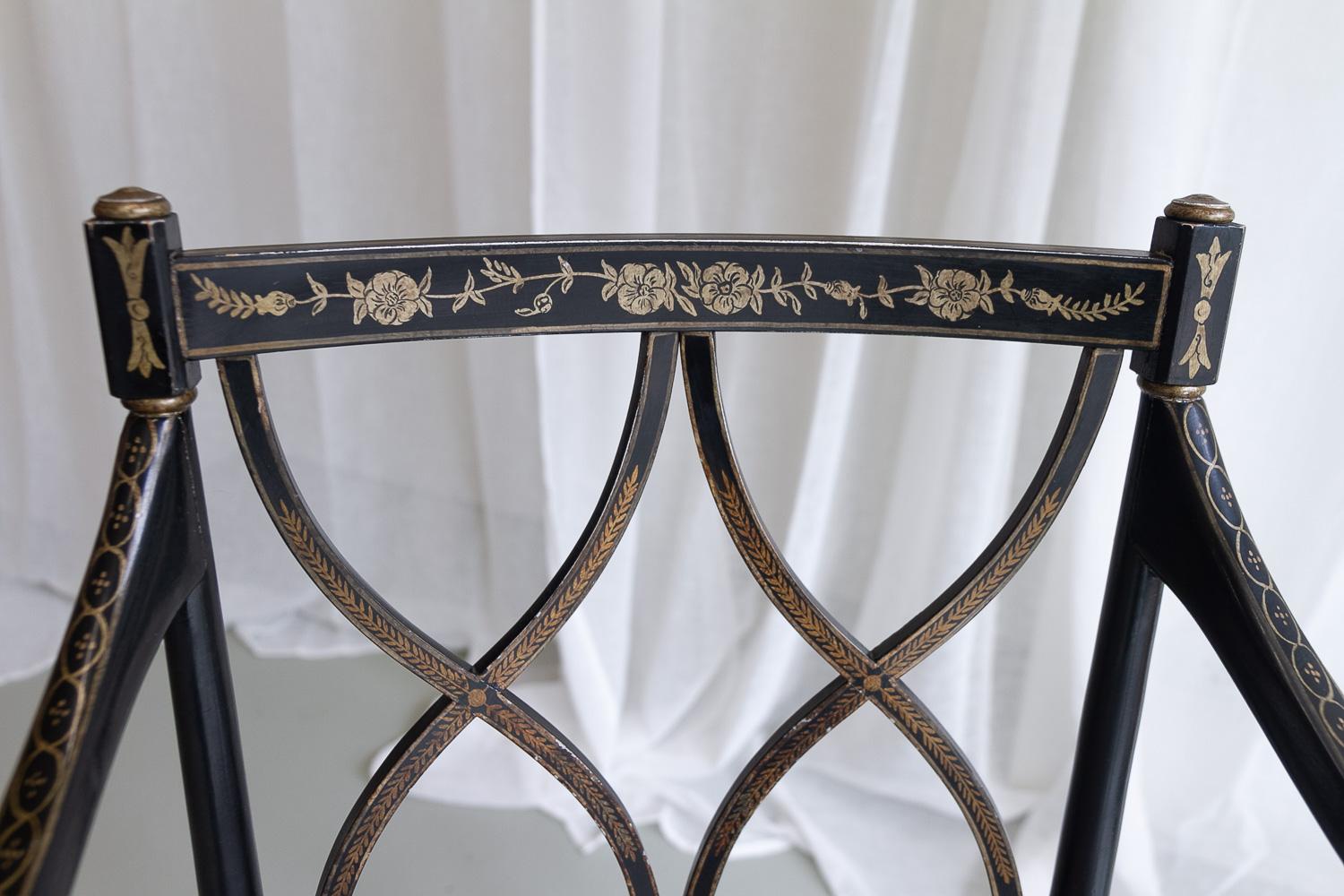 Regency Style Ebonized Cane Armchairs, Set of 2. For Sale 6