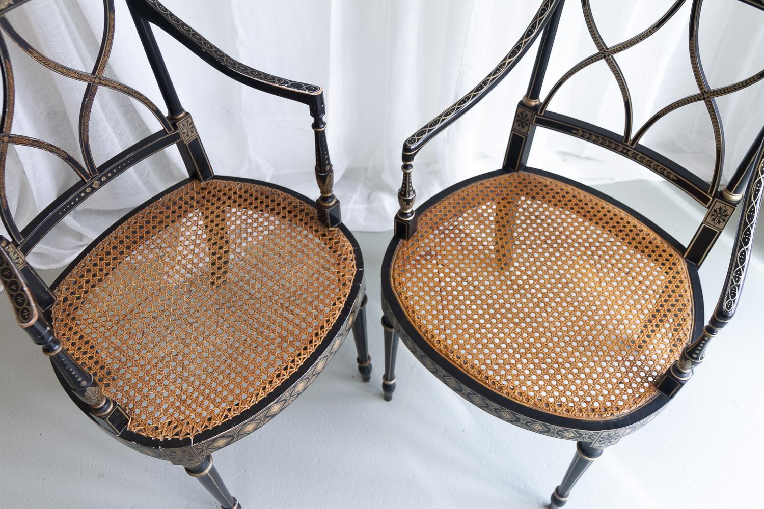 Regency Style Ebonized Cane Armchairs, Set of 2. For Sale 8