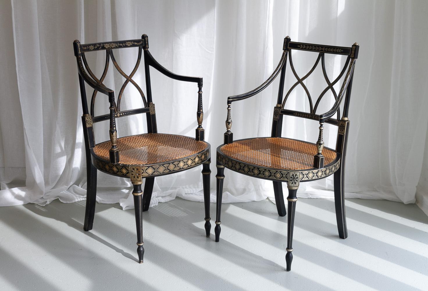Regency Style Ebonized Cane Armchairs, Set of 2. For Sale 9
