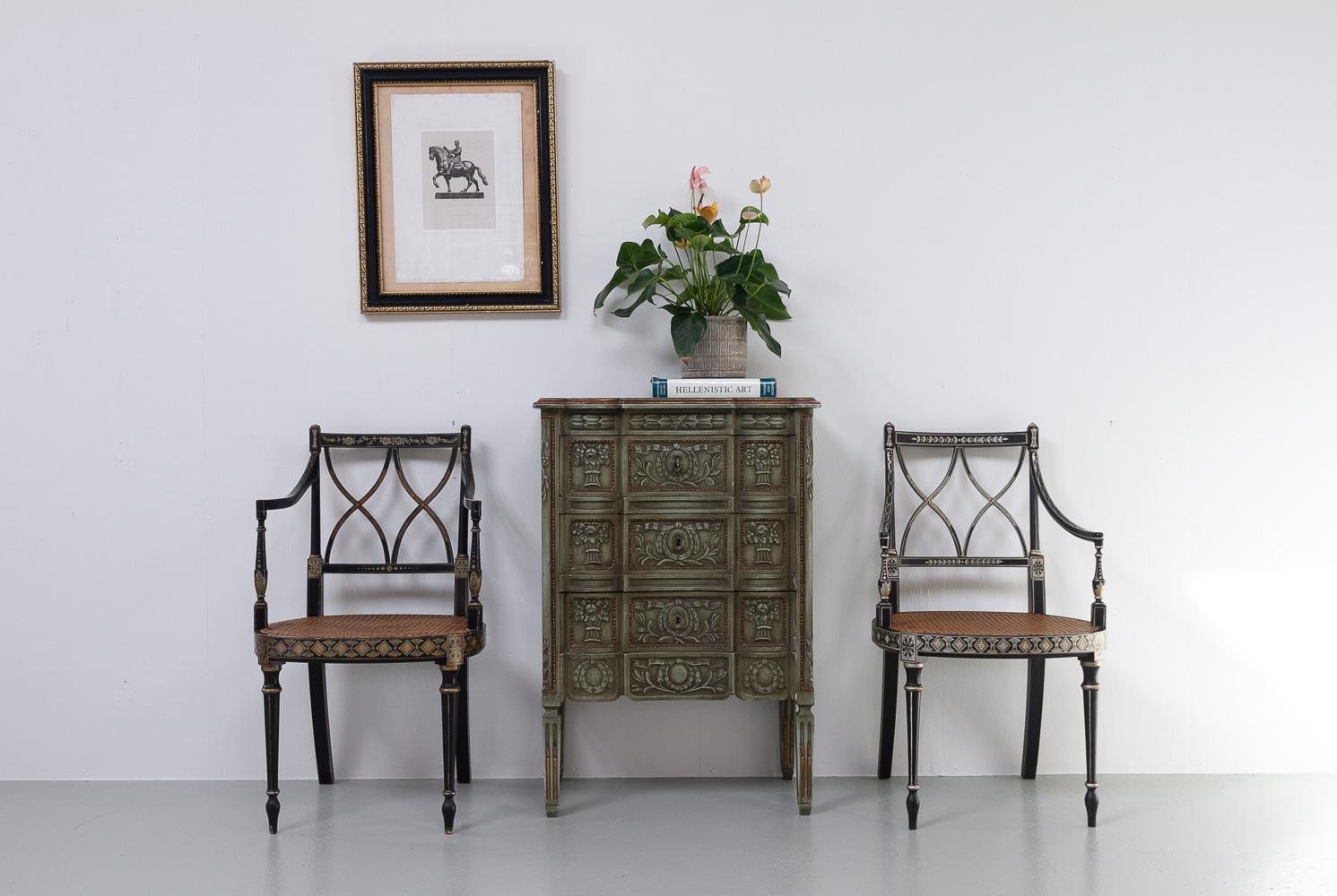 Regency Style Ebonized Cane Armchairs, Set of 2. For Sale 10