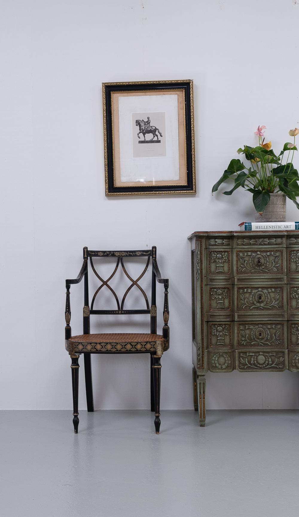 Regency Style Ebonized Cane Armchairs, Set of 2. For Sale 11