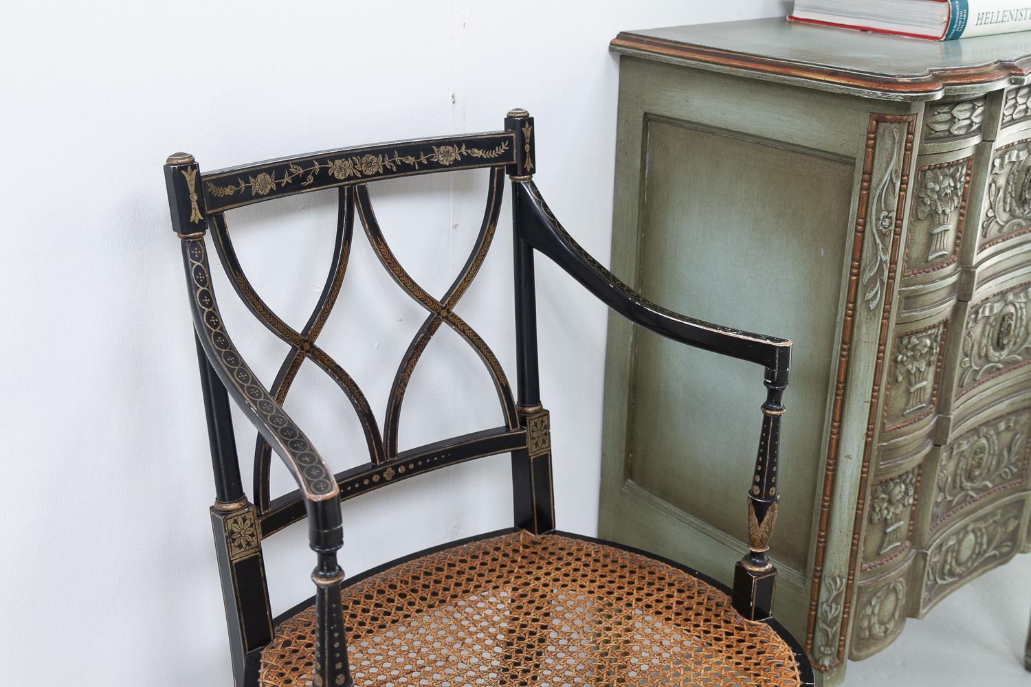 Regency Style Ebonized Cane Armchairs, Set of 2. For Sale 12