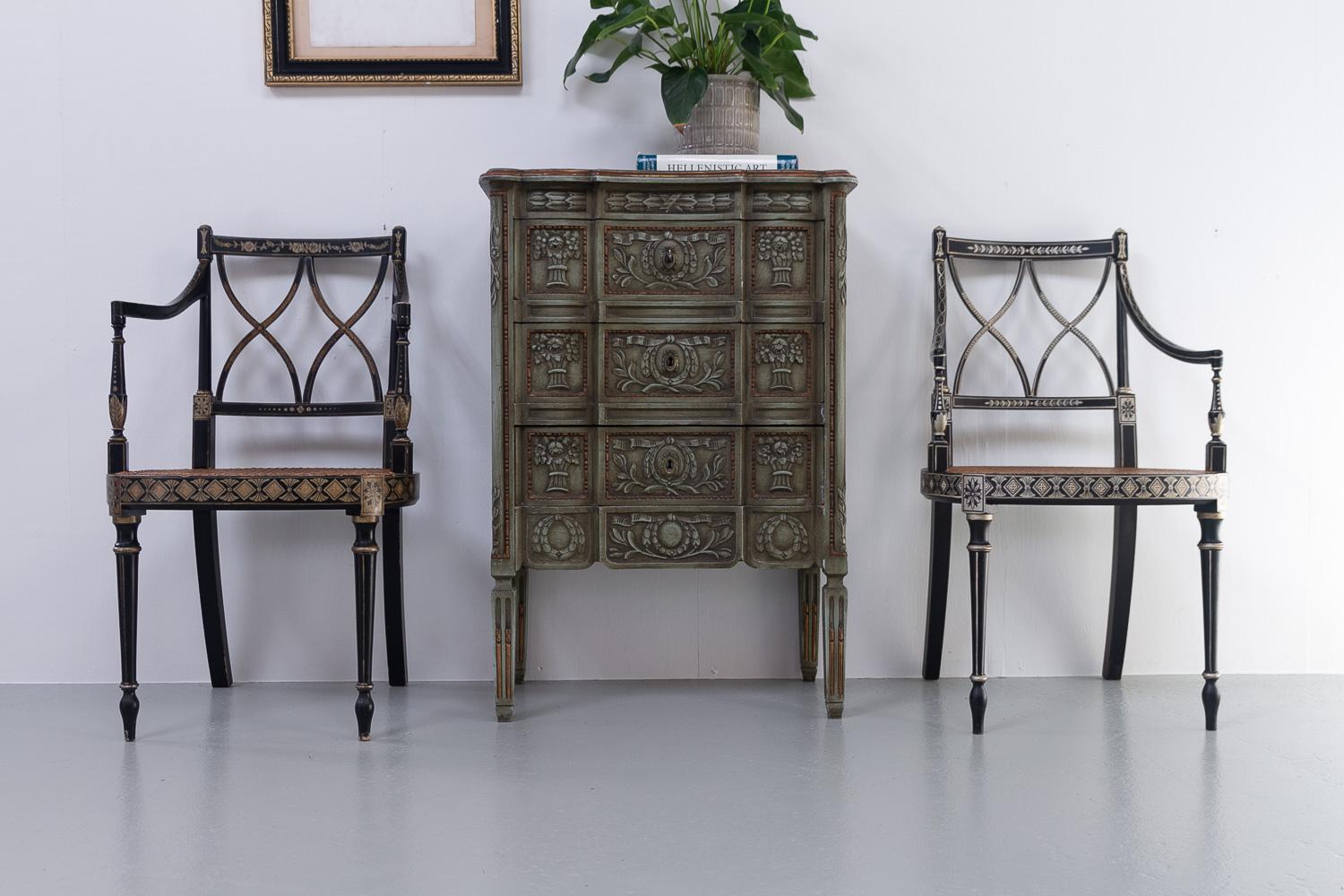 Regency Style Ebonized Cane Armchairs, Set of 2. For Sale 13