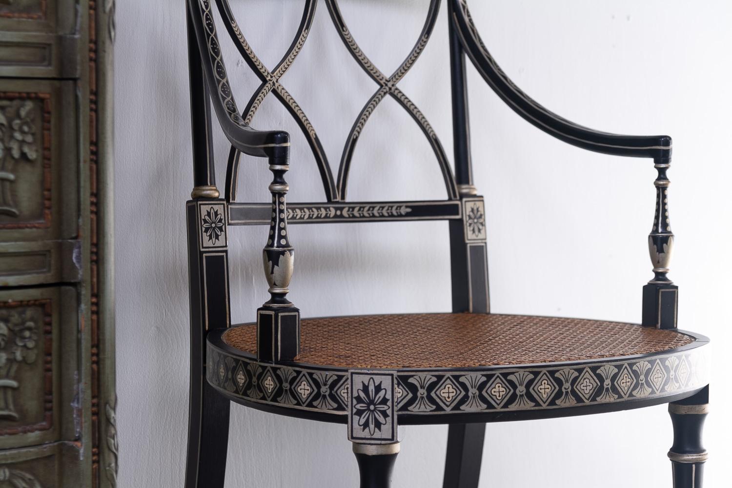 Regency Style Ebonized Cane Armchairs, Set of 2. For Sale 14