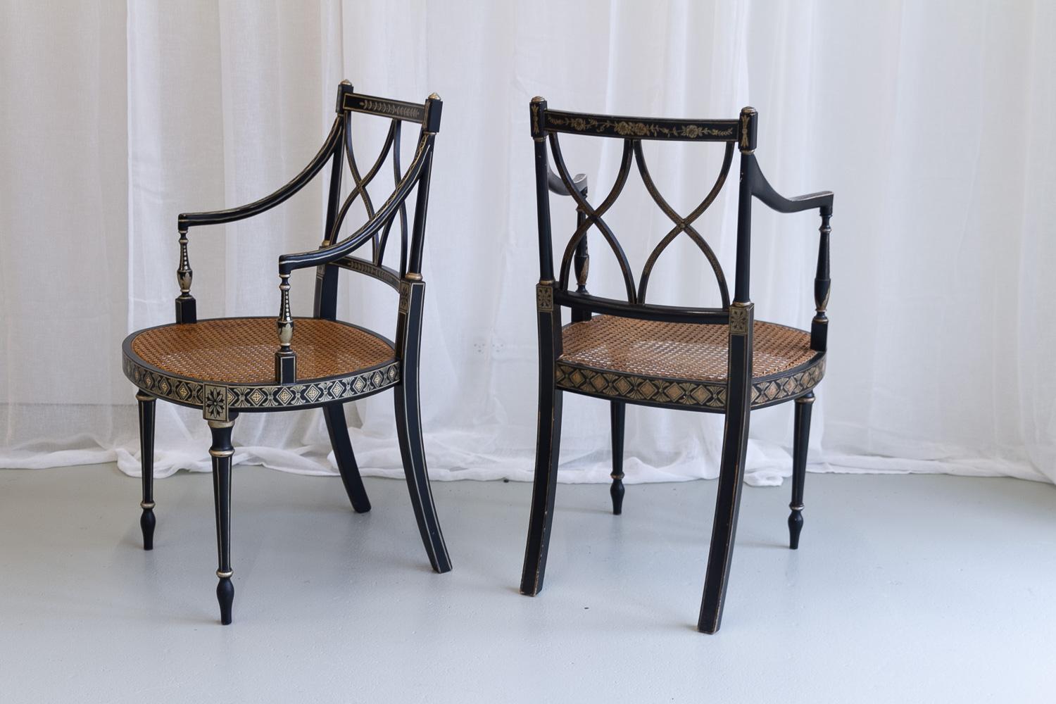 20th Century Regency Style Ebonized Cane Armchairs, Set of 2. For Sale