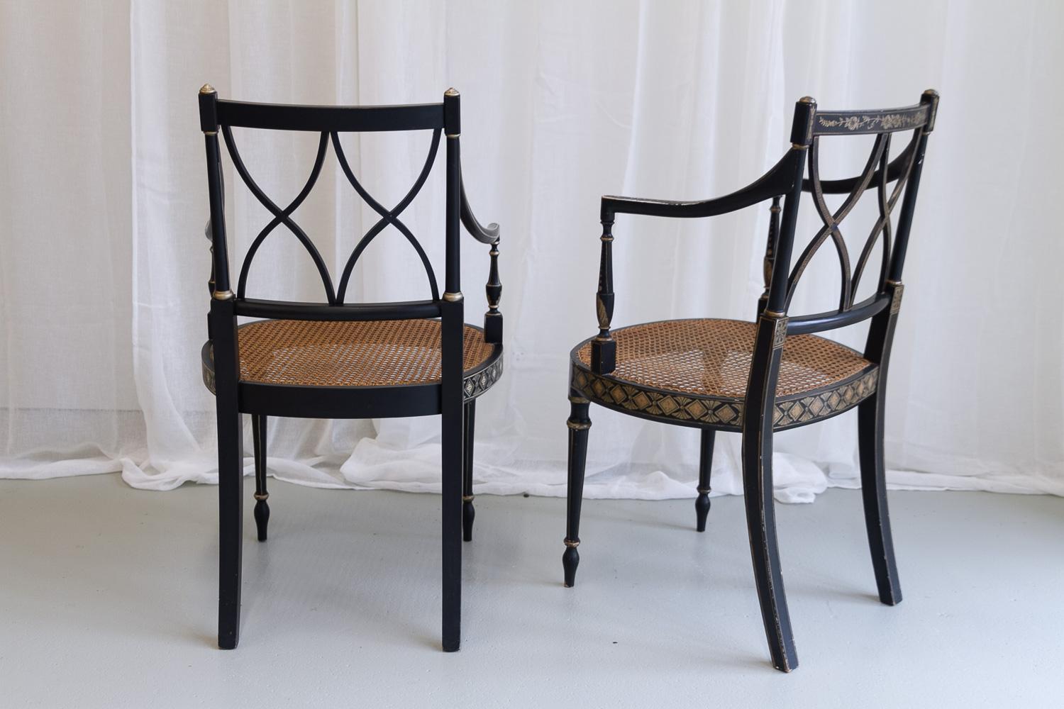 Beech Regency Style Ebonized Cane Armchairs, Set of 2. For Sale