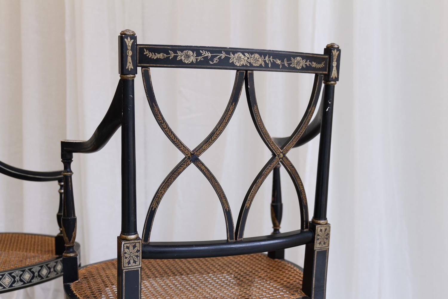 Regency Style Ebonized Cane Armchairs, Set of 2. For Sale 1