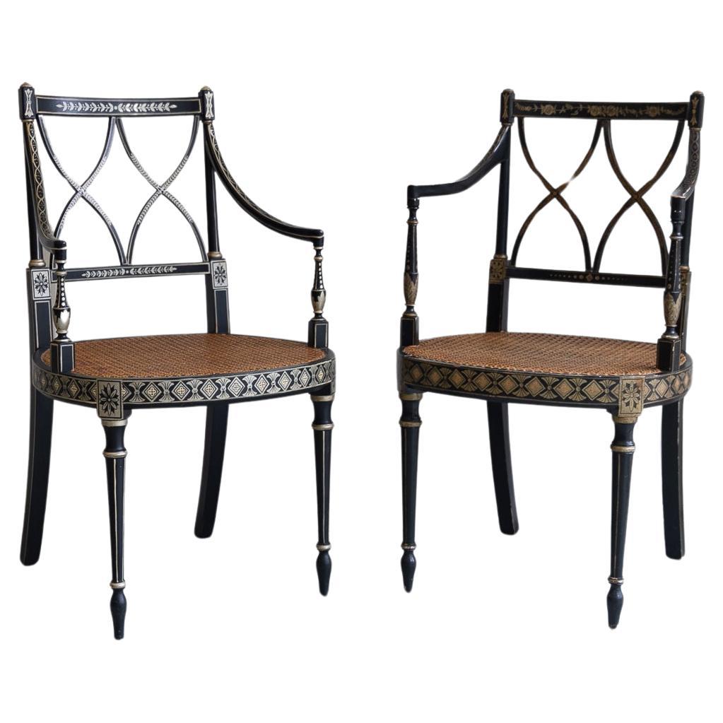 Regency Style Ebonized Cane Armchairs, Set of 2. For Sale