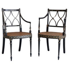 Antique Regency Style Ebonized Cane Armchairs, Set of 2.