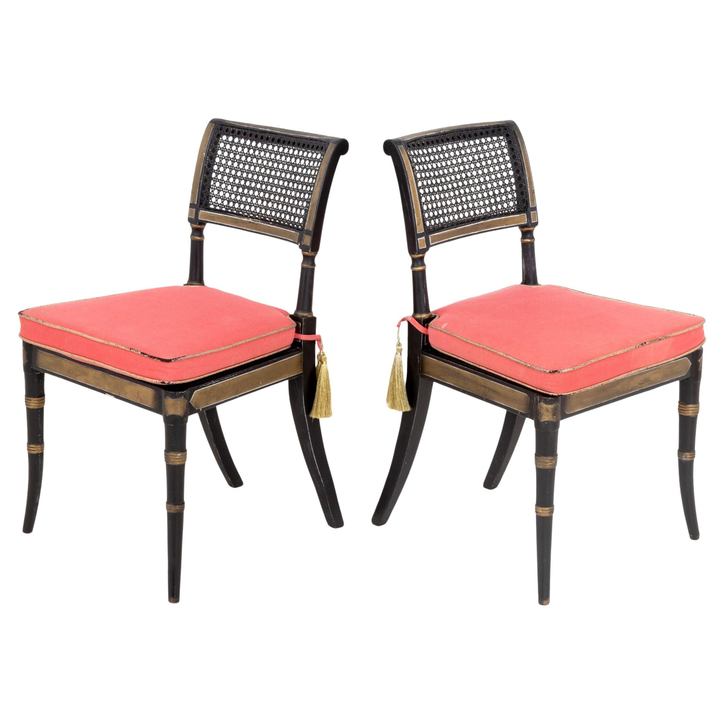 Regency Style Ebonized Caned Chairs, Pair For Sale