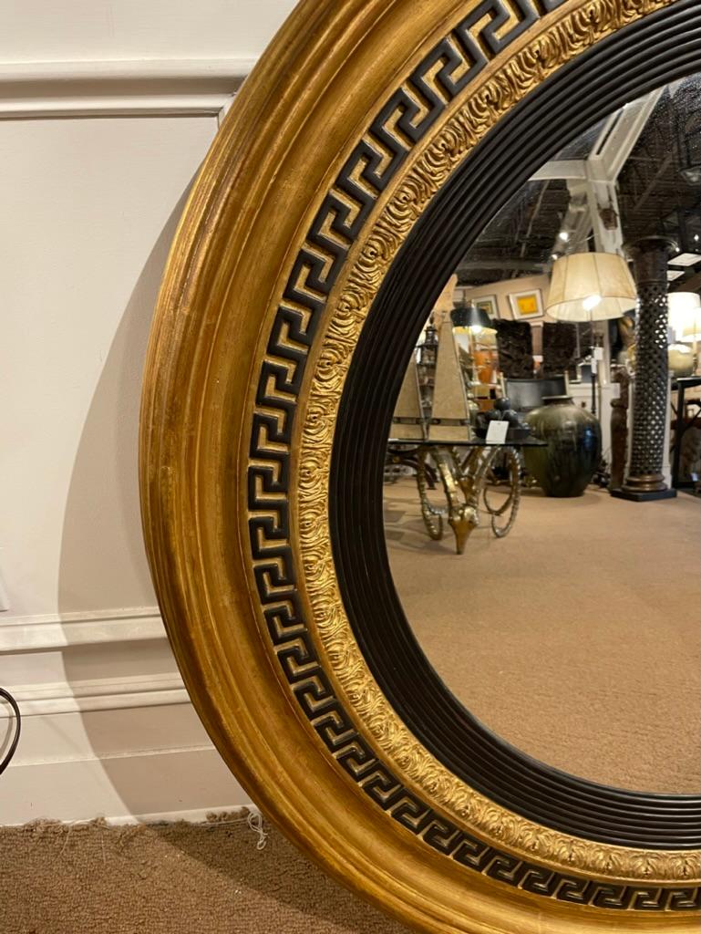 Regency Style Ebonized Gilt Wood Convex Mirror with Greek Key Molding 5