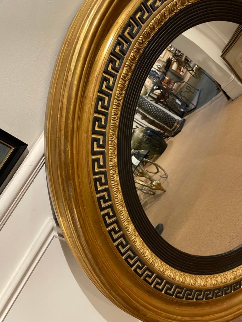 Regency Style Ebonized Gilt Wood Convex Mirror with Greek Key Molding 6