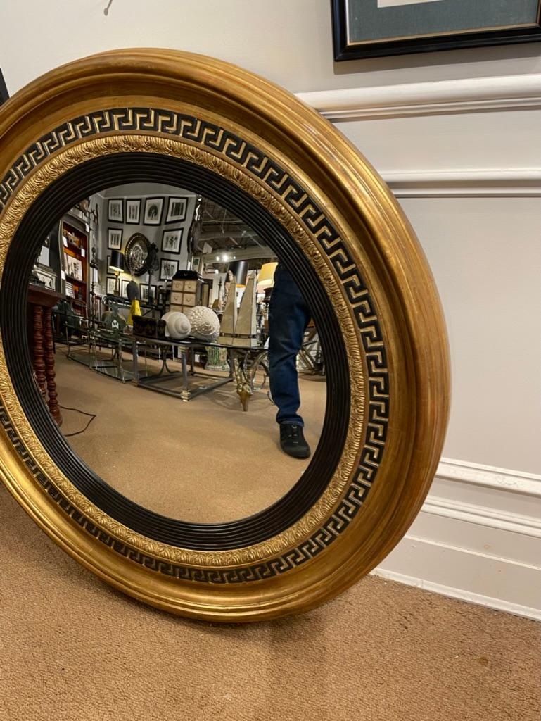 Regency Style Ebonized Gilt Wood Convex Mirror with Greek Key Molding 8