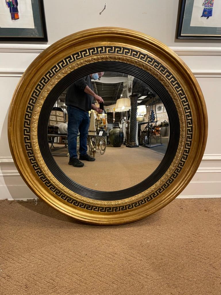 Regency Style Ebonized Gilt Wood Convex Mirror with Greek Key Molding 9