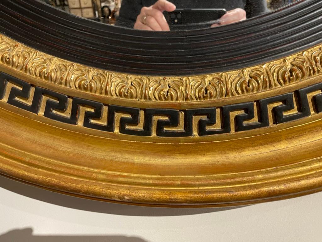 Regency Style Ebonized Gilt Wood Convex Mirror with Greek Key Molding 1