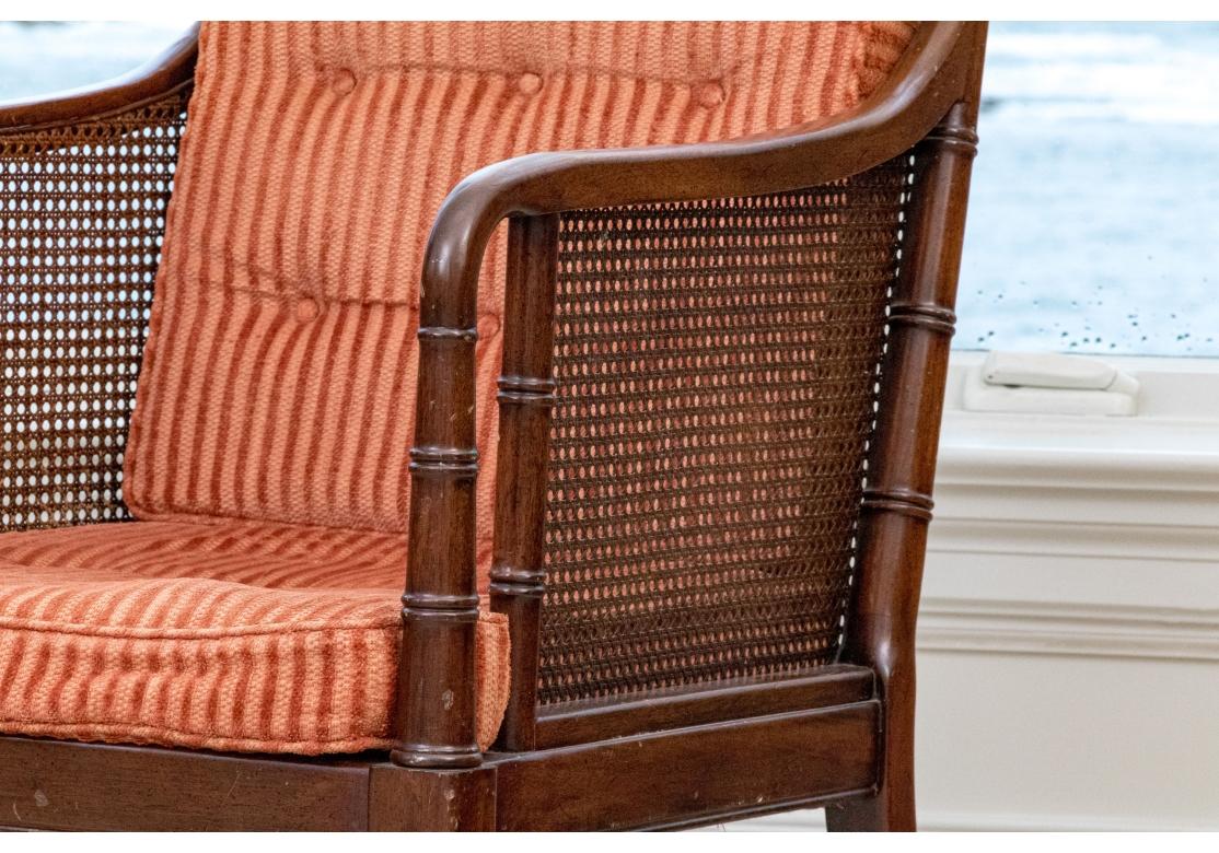 Hollywood Regency Regency Style Faux Bamboo And Cane Upholstered Lounge Chair