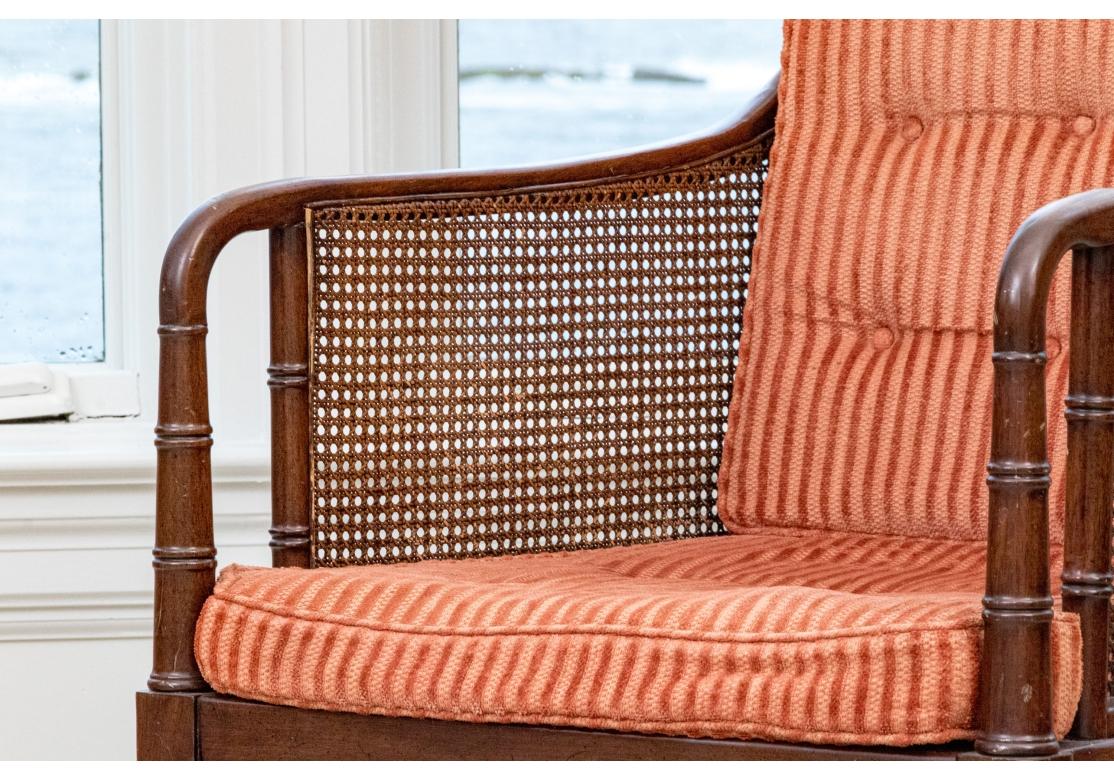 Regency Style Faux Bamboo And Cane Upholstered Lounge Chair In Distressed Condition In Bridgeport, CT