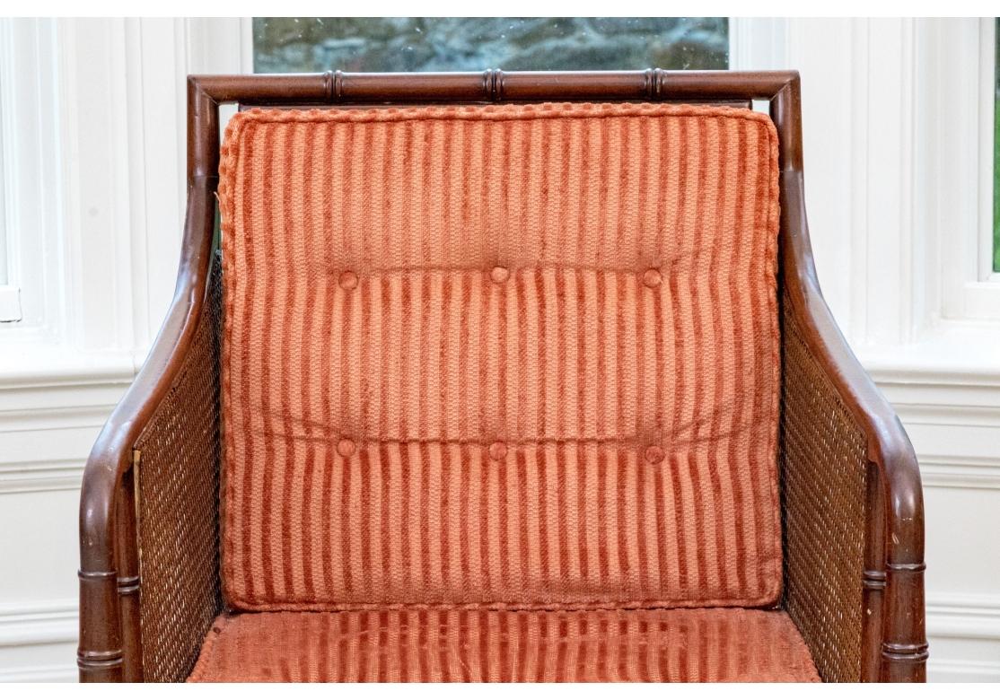 Brass Regency Style Faux Bamboo And Cane Upholstered Lounge Chair