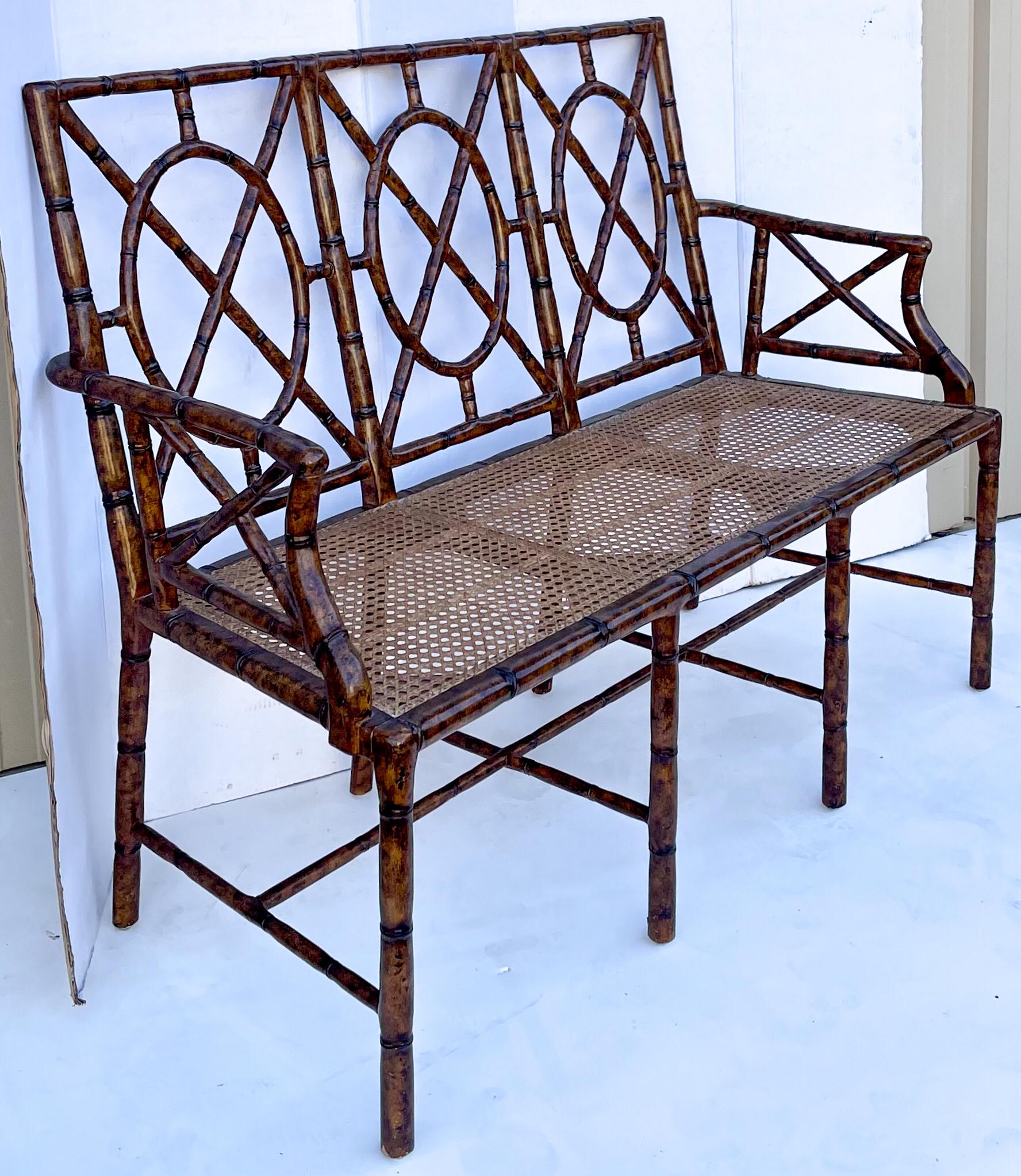 American Regency Style Faux Bamboo Bench or Settee with a Faux Tortoise Finish
