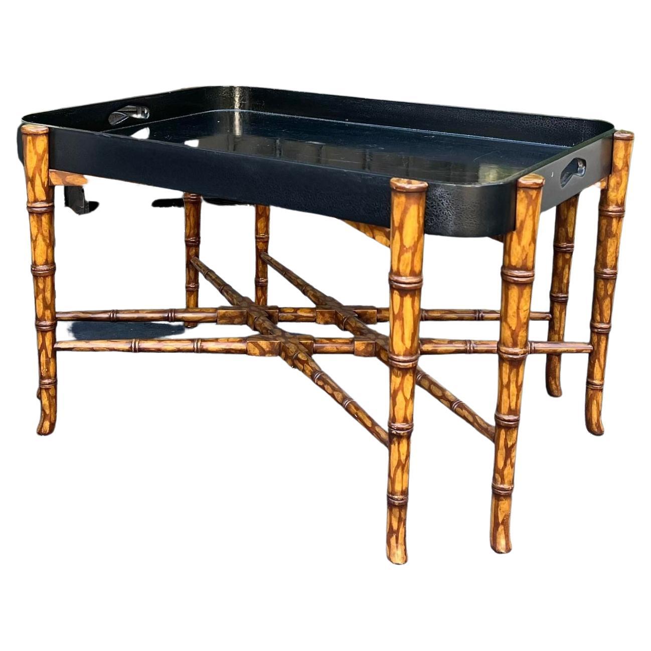 Dessin Fournir Regency Style Faux Bamboo & Black Lacquer Coffee Table For Sale