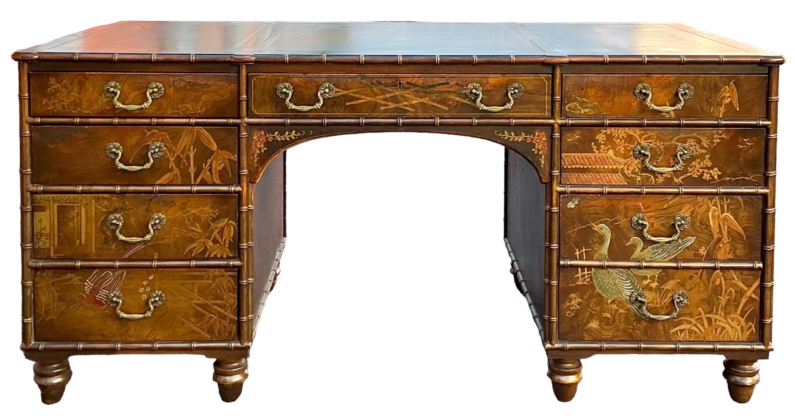 Regency Style Faux Bamboo Chinoiserie Leather Topped Desk Att. Baker Furniture 4