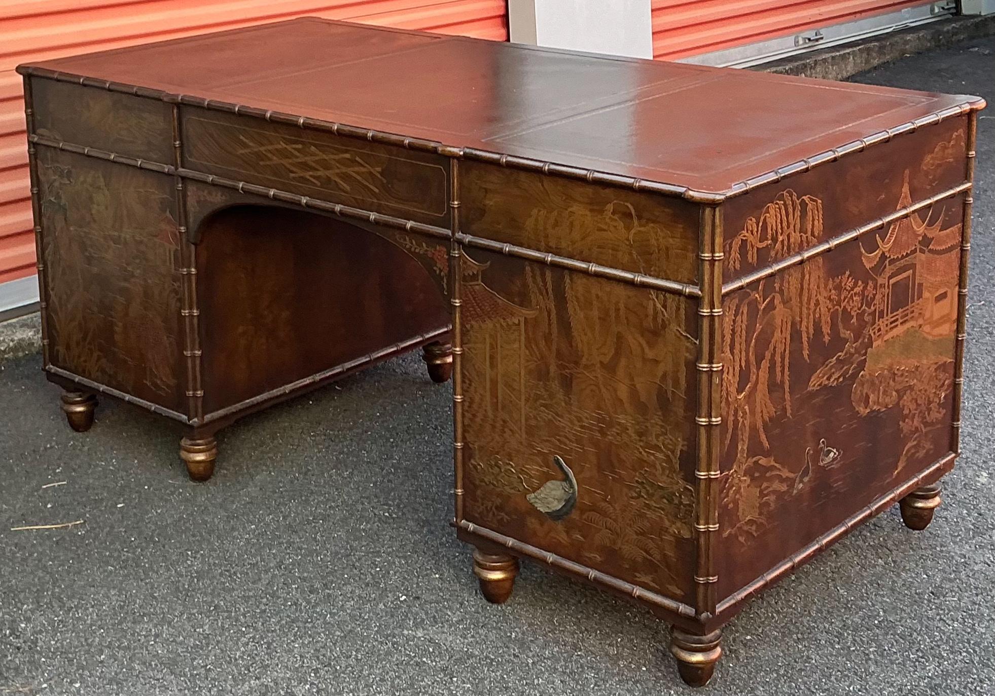 Regency Style Faux Bamboo Chinoiserie Leather Topped Desk Att. Baker Furniture In Good Condition In Kennesaw, GA