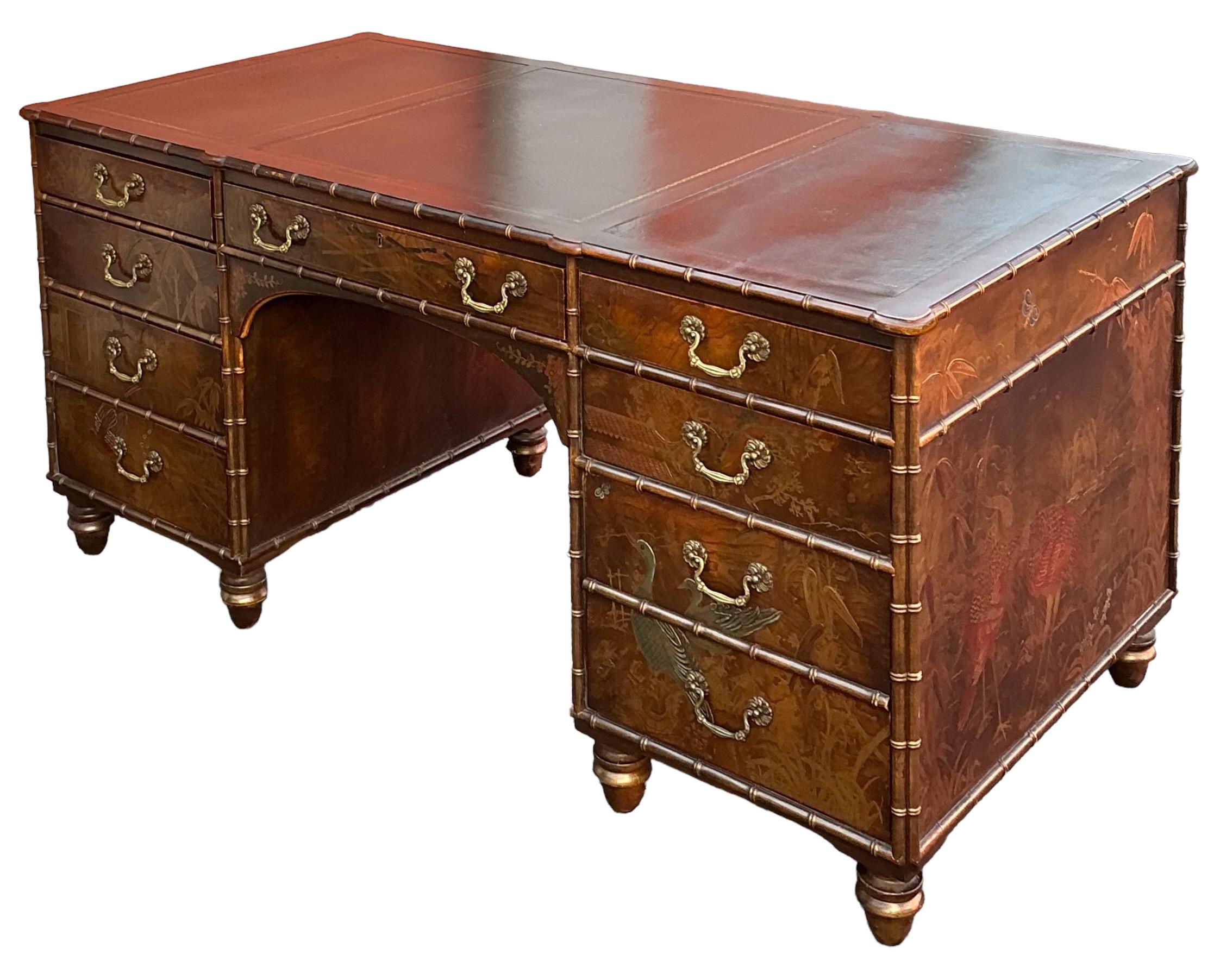 20th Century Regency Style Faux Bamboo Chinoiserie Leather Topped Desk Att. Baker Furniture