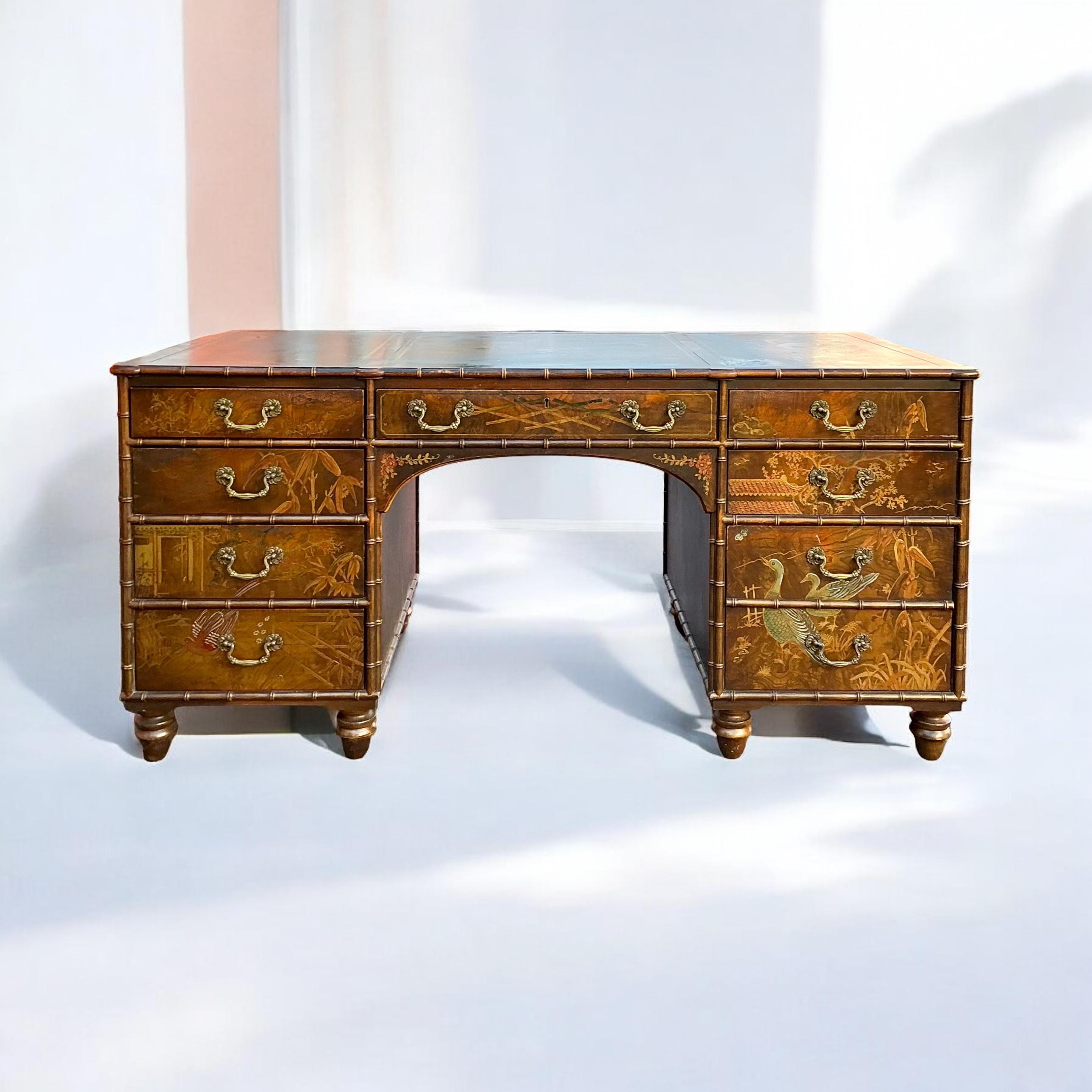 Regency Style Faux Bamboo Chinoiserie Leather Topped Desk Att. Baker Furniture 3