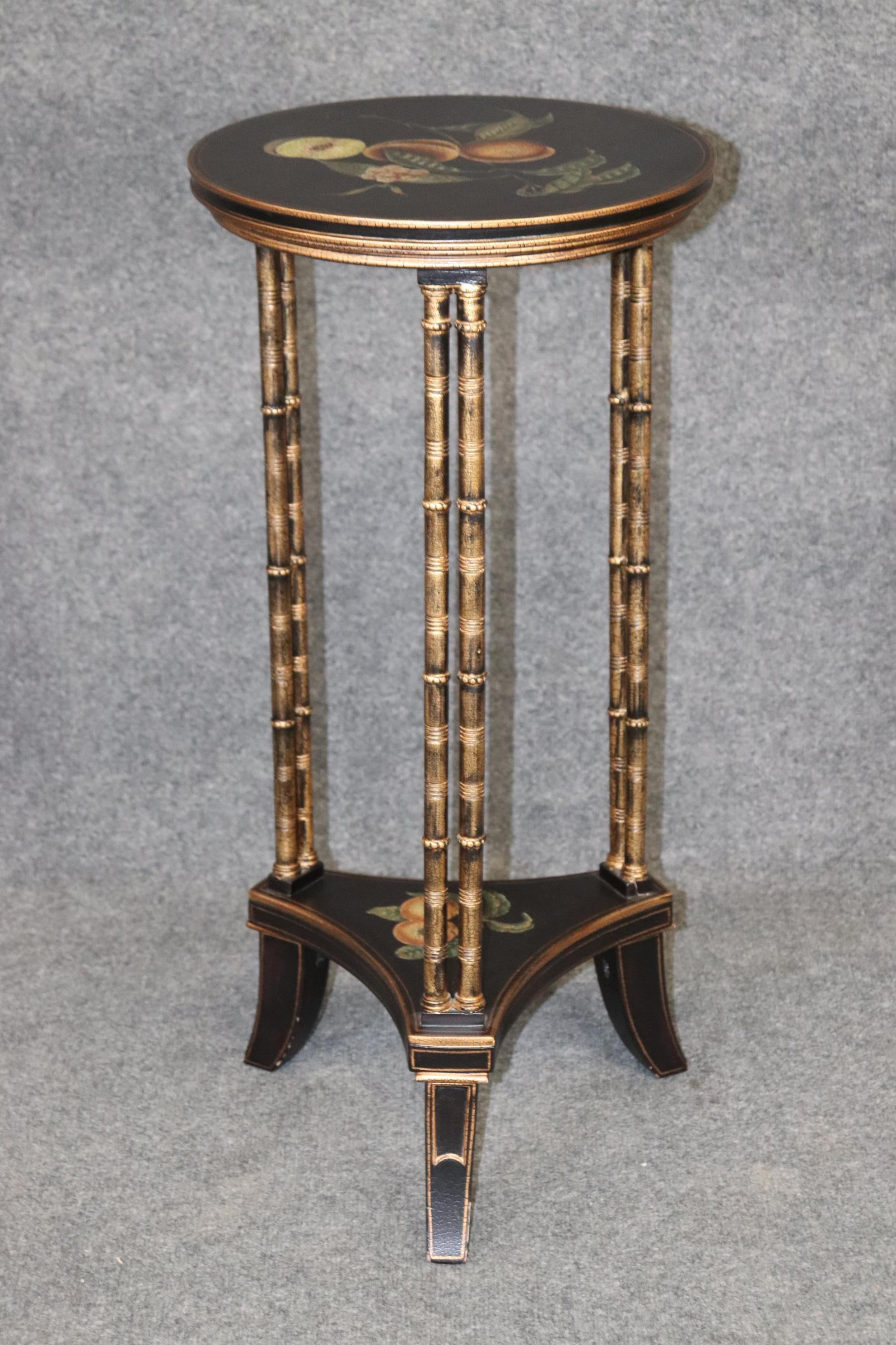 Dimensions- H: 30 1/2in W: 14 1/2in D: 14 1/2in 
This Regency Style Faux Bamboo Ebonized and Gilt Side Table By Drexel Heritage is a really nice example of a simple yet luxurious piece of furniture. This accent table or side table is really pretty