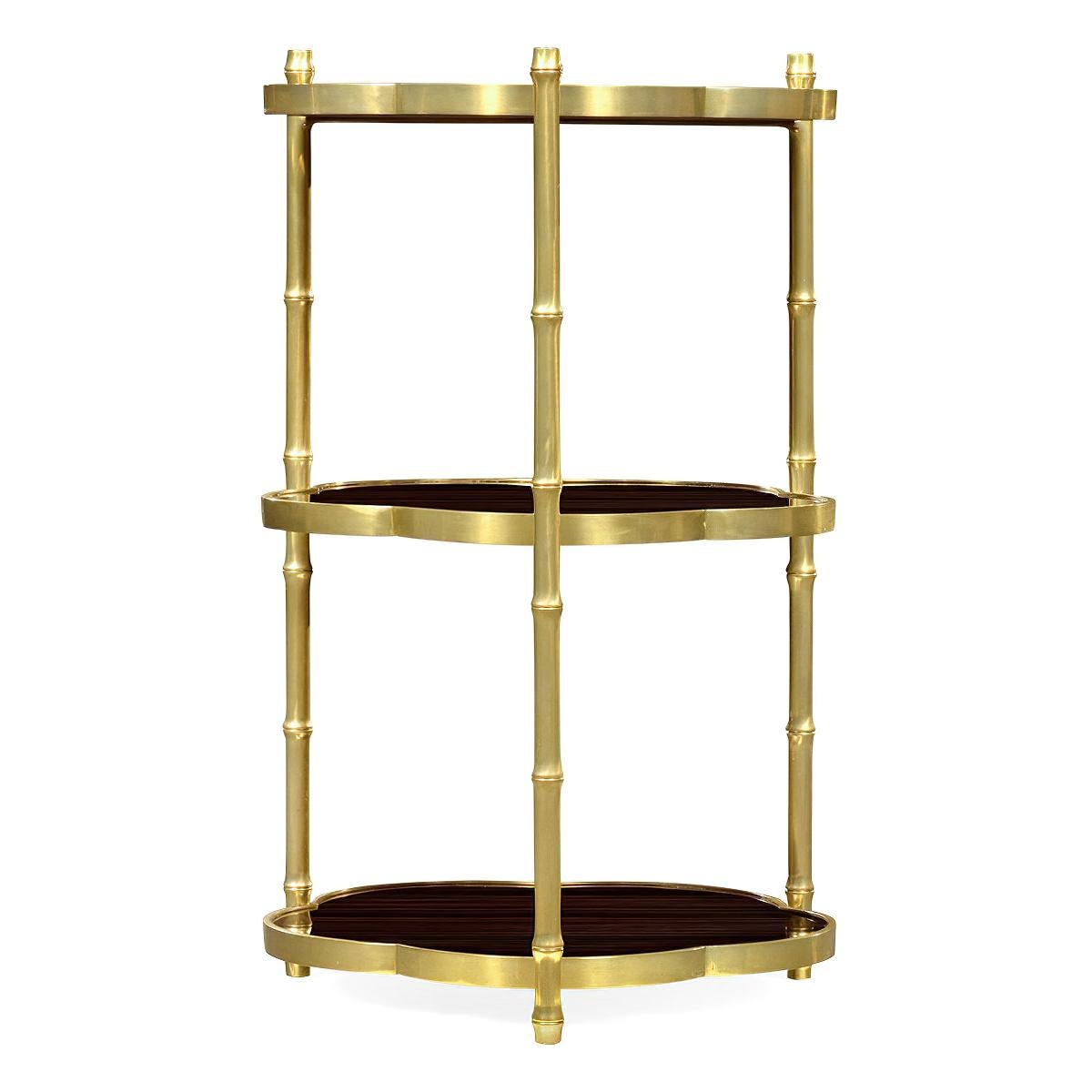 Regency style three-tier faux bamboo brass side table étagère with Macassar ebony shelves with hand-painted white flower designs on the top tier.

Dimensions: 16 1/8