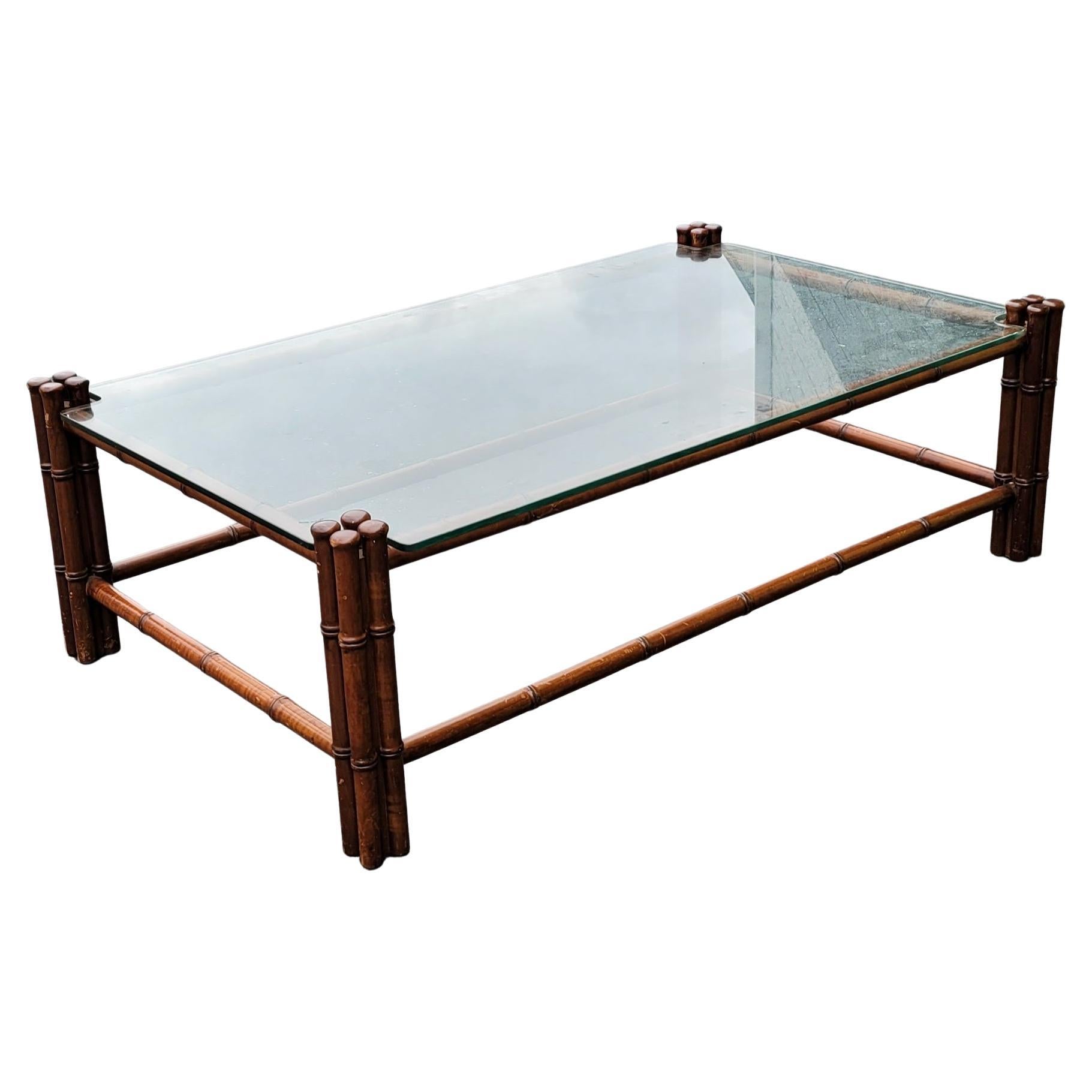 American Regency Style Faux Bamboo Mahogany  Glass Top Cocktail Table Coffee Table For Sale