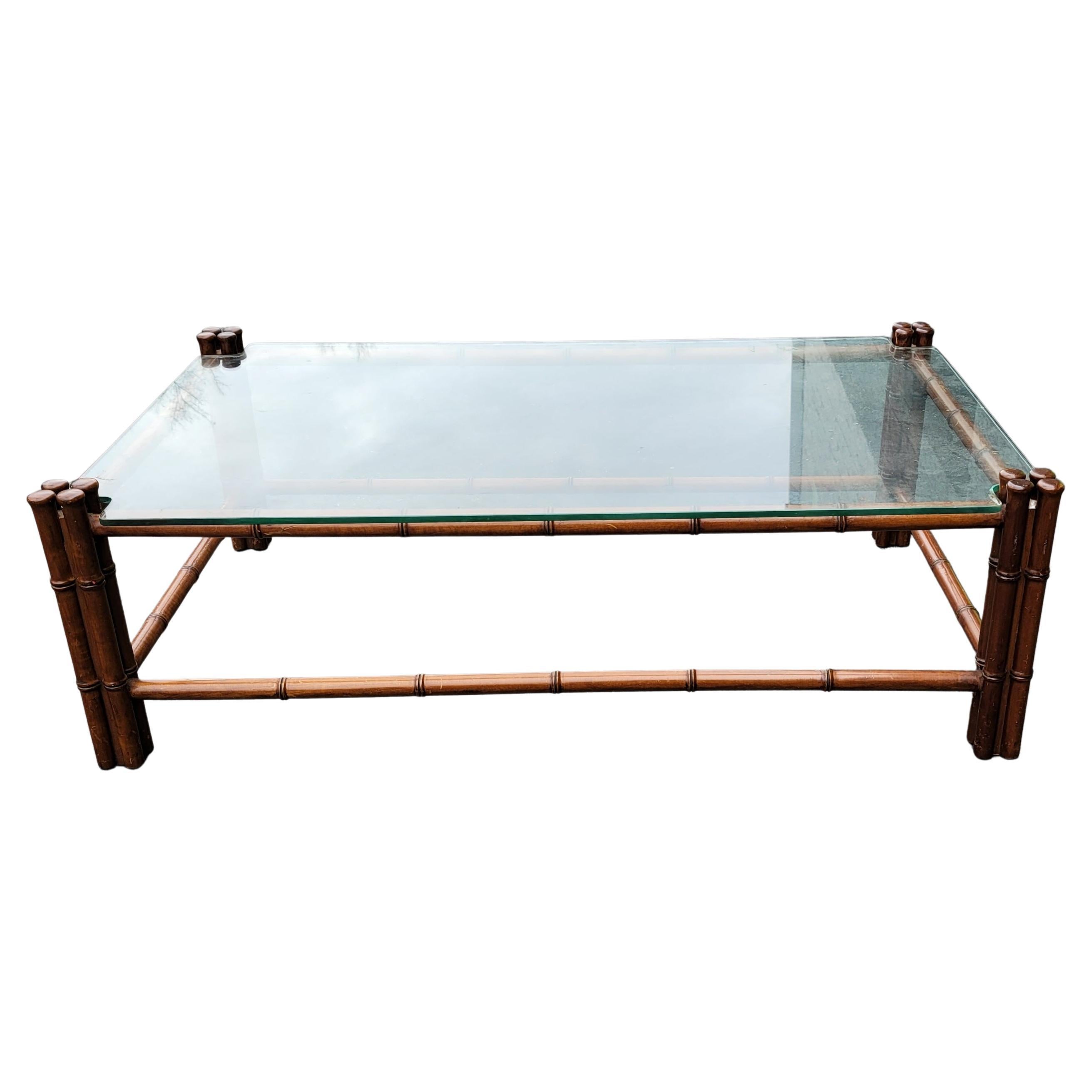 Woodwork Regency Style Faux Bamboo Mahogany  Glass Top Cocktail Table Coffee Table For Sale