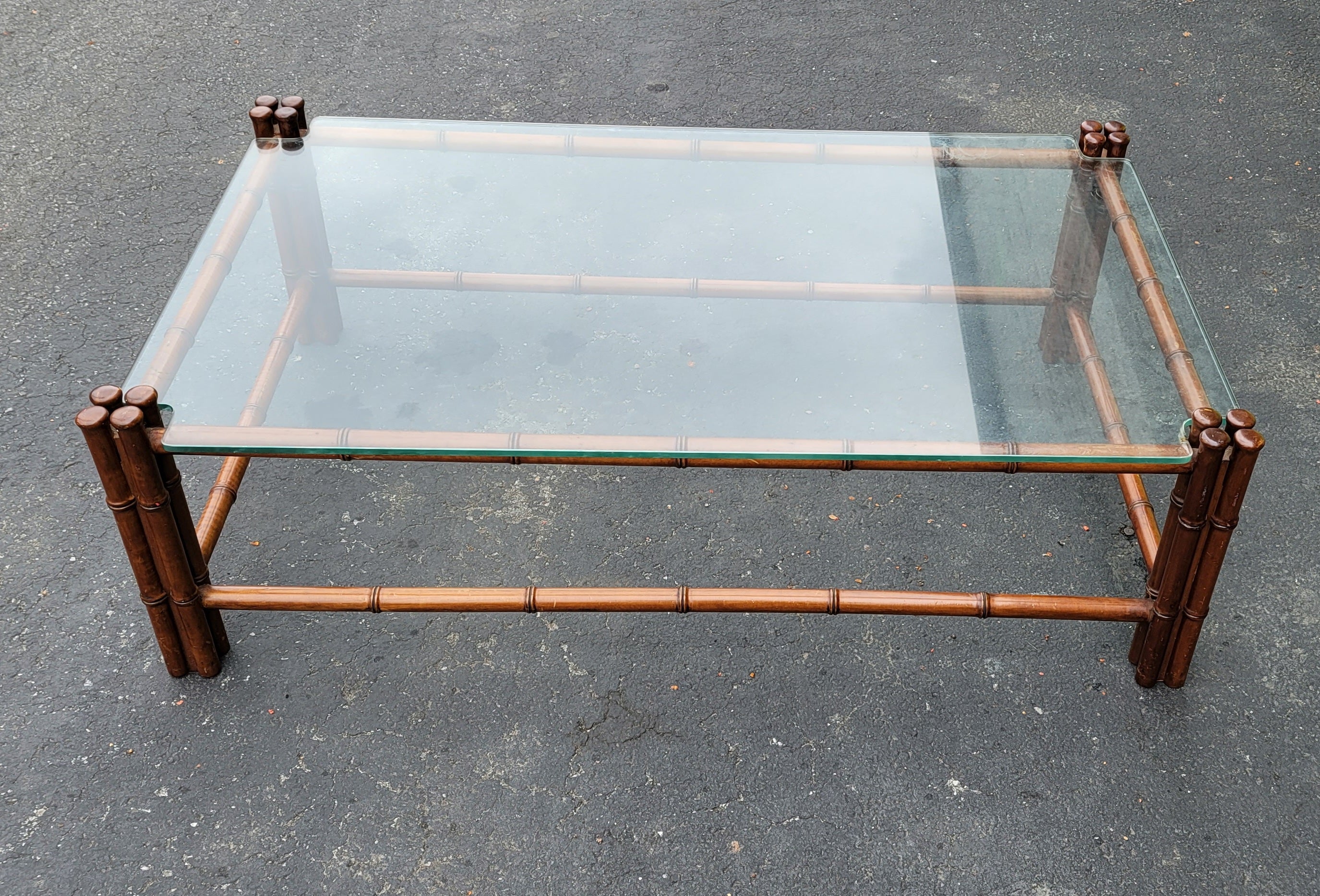 Regency Style Faux Bamboo Mahogany  Glass Top Cocktail Table Coffee Table In Good Condition For Sale In Germantown, MD