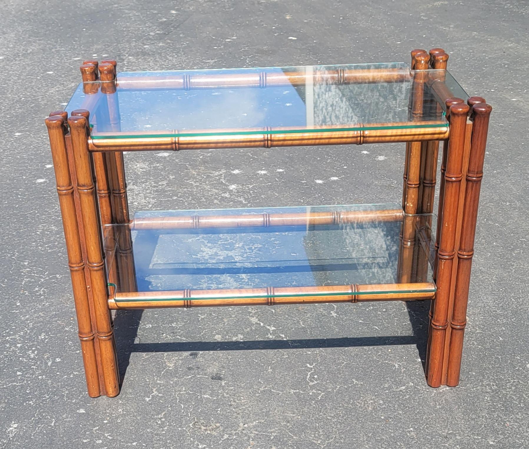 Regency Style Faux Bamboo Mahogany Two Tier Glass Side Tables, a Pair For Sale 4