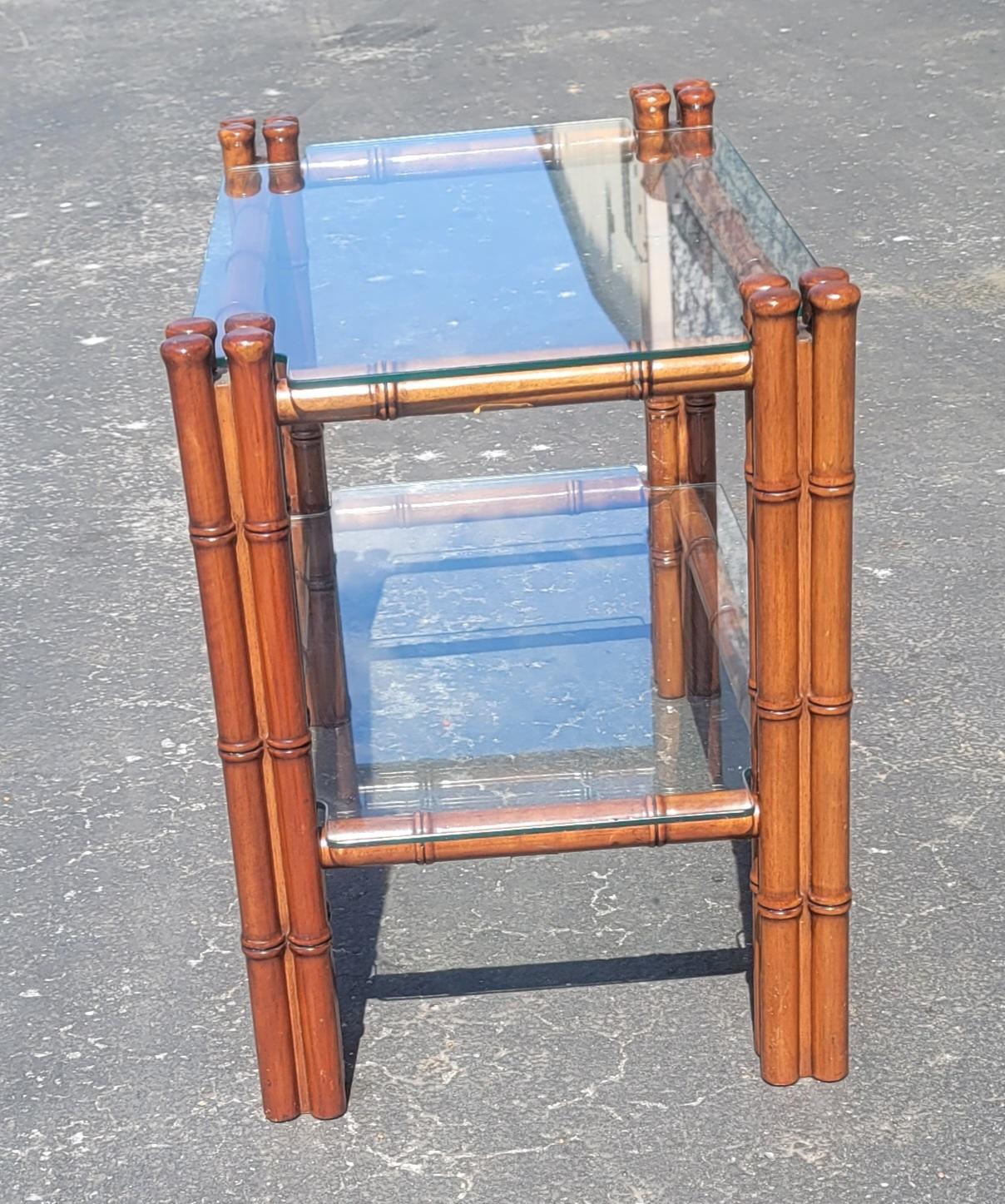 Regency Style Faux Bamboo Mahogany Two Tier Glass Side Tables, a Pair For Sale 5