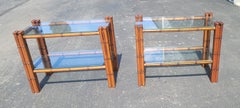 Regency Style Faux Bamboo Mahogany Two Tier Glass Side Tables, a Pair