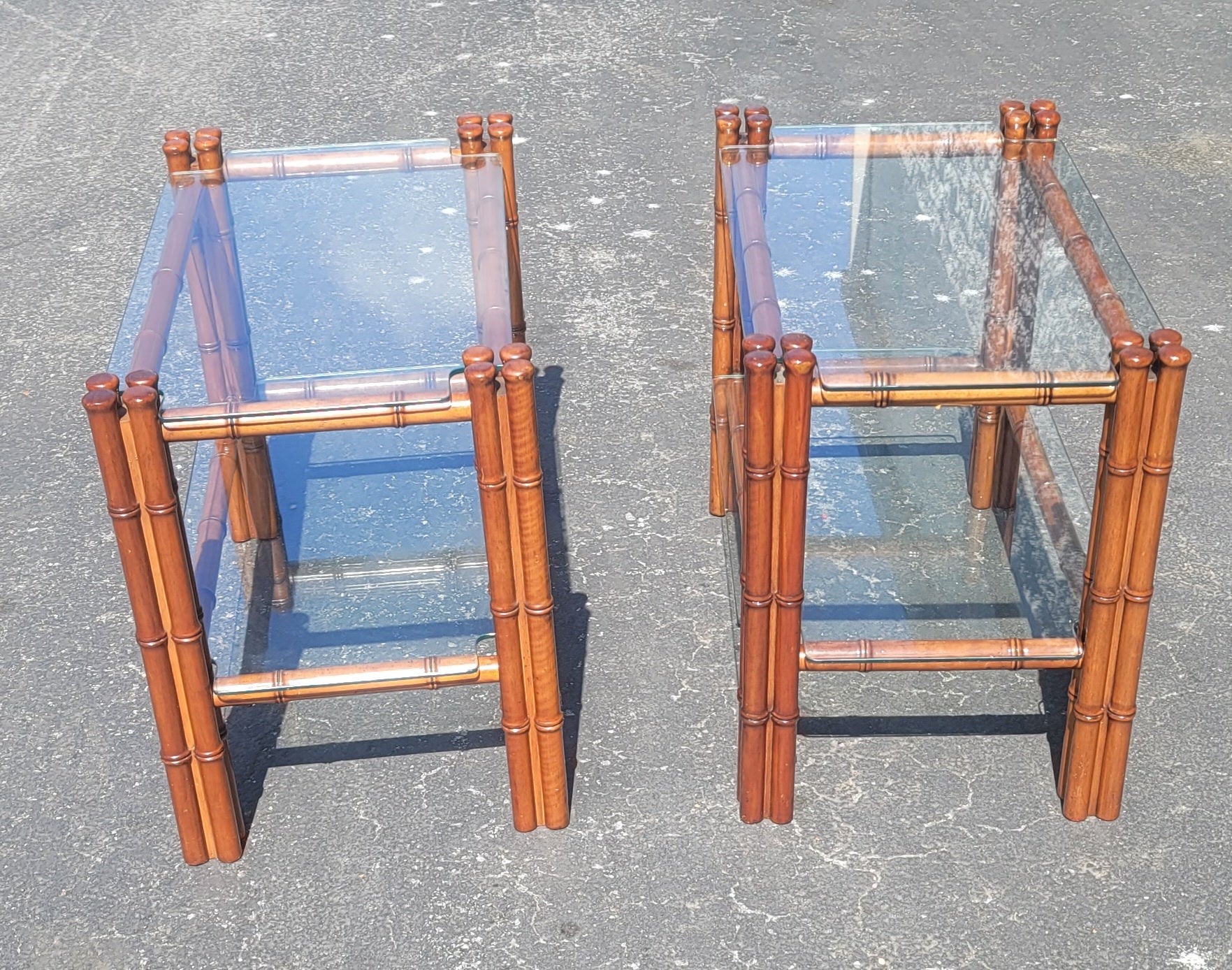 American Regency Style Faux Bamboo Mahogany Two Tier Glass Side Tables, a Pair For Sale