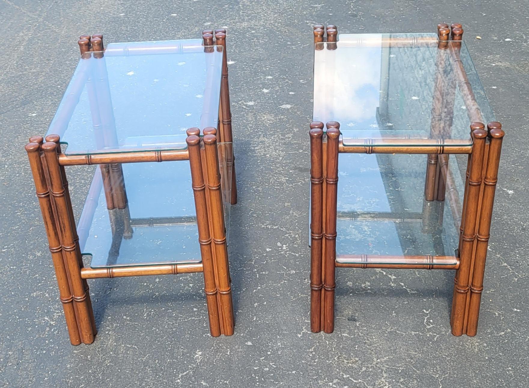 Regency Style Faux Bamboo Mahogany Two Tier Glass Side Tables, a Pair In Good Condition For Sale In Germantown, MD