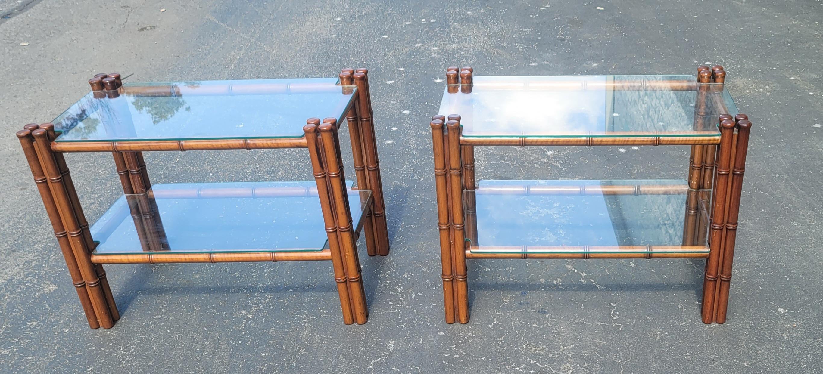 20th Century Regency Style Faux Bamboo Mahogany Two Tier Glass Side Tables, a Pair For Sale