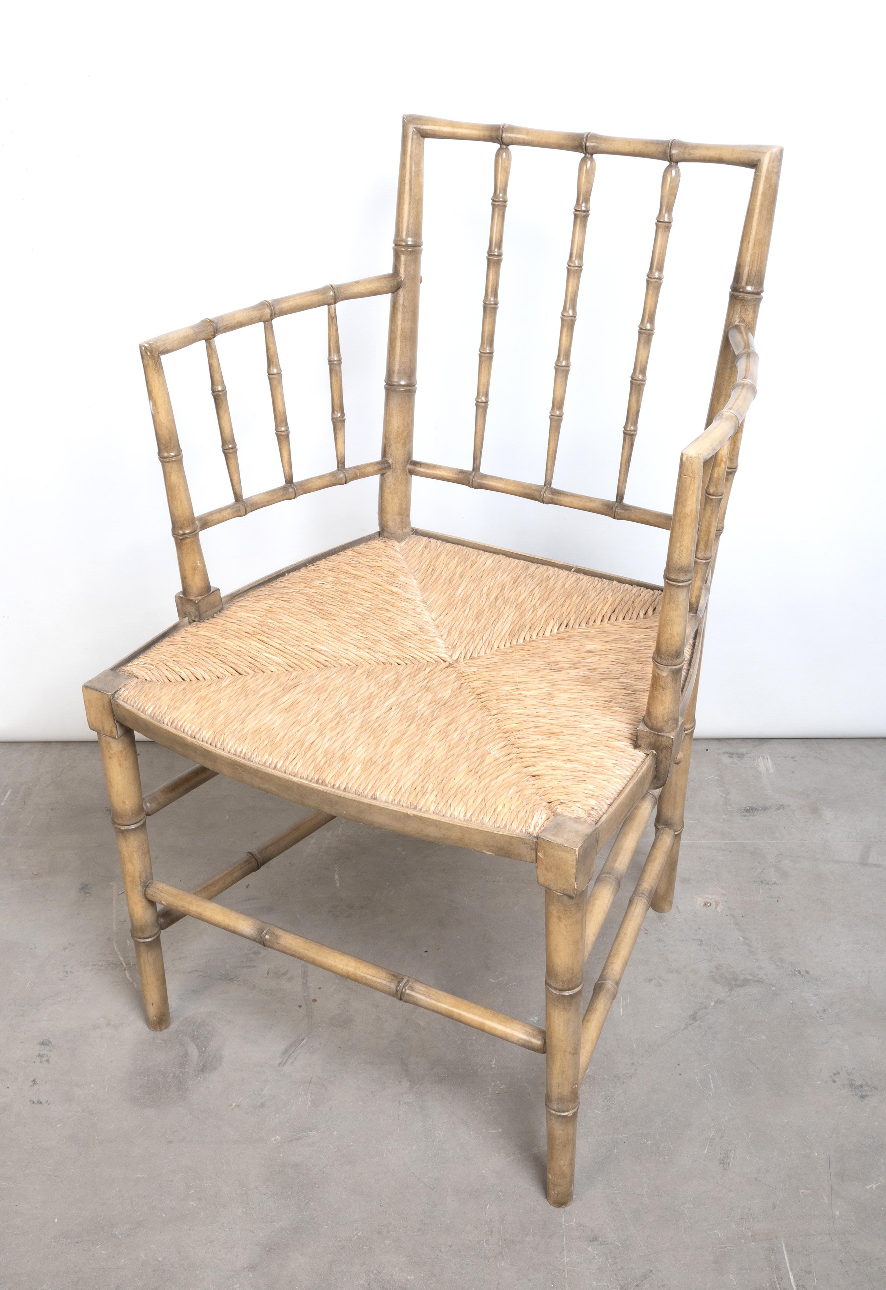 Regency Style Faux Bamboo Rush Seat Elbow Chair
In very good condition commensurate with age.
Dimensions:
H91/46
W58
D57