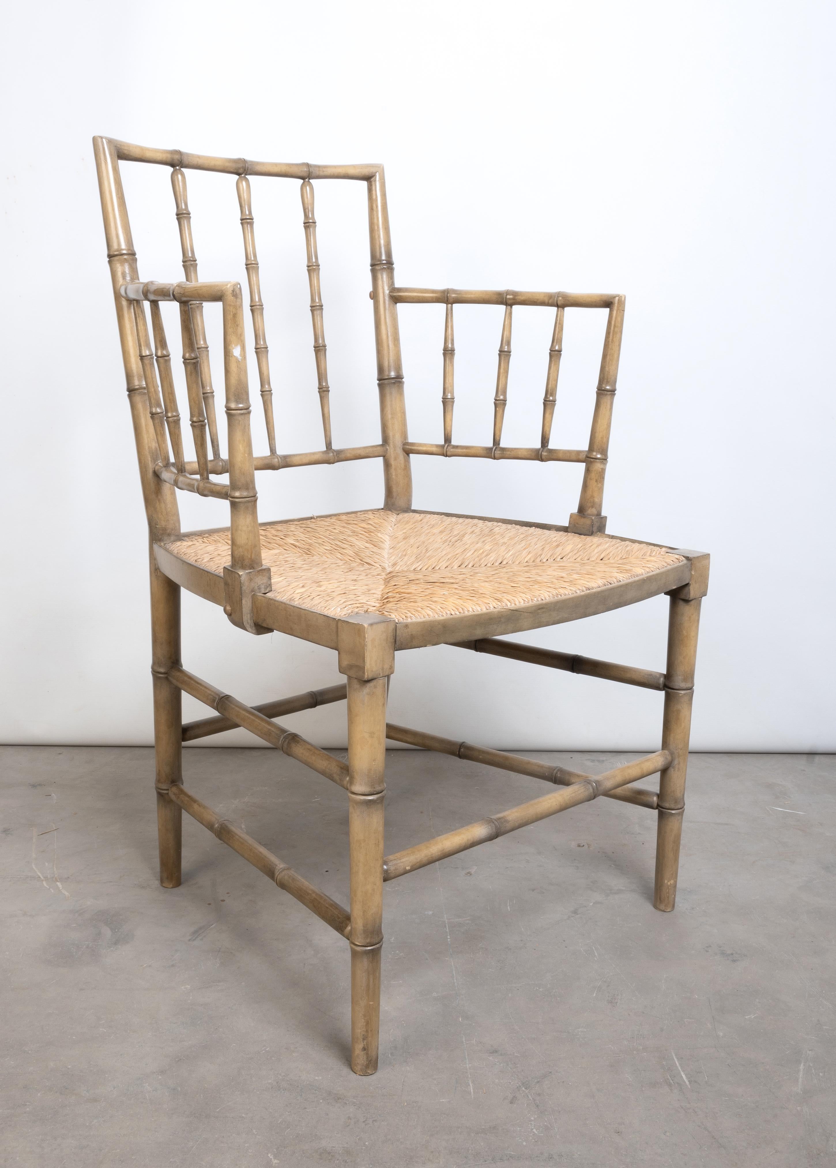 English Regency Style Faux Bamboo Rush Seat Elbow Chair Desk Chair For Sale