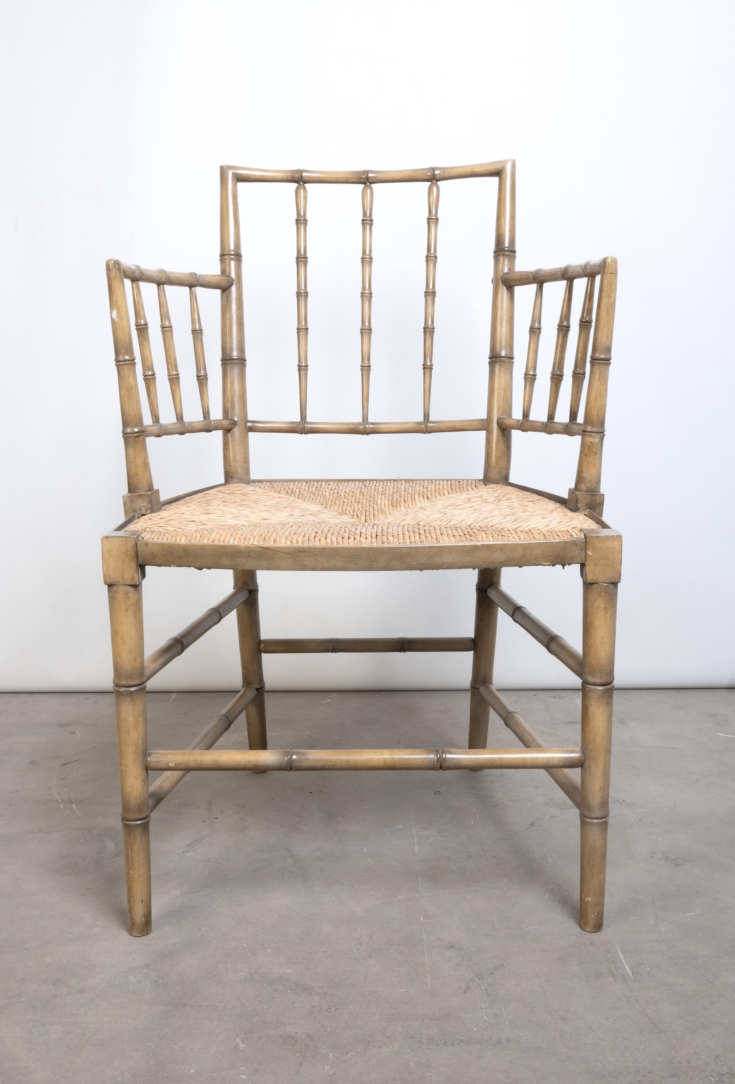 Regency Style Faux Bamboo Rush Seat Elbow Chair Desk Chair In Good Condition For Sale In London, GB