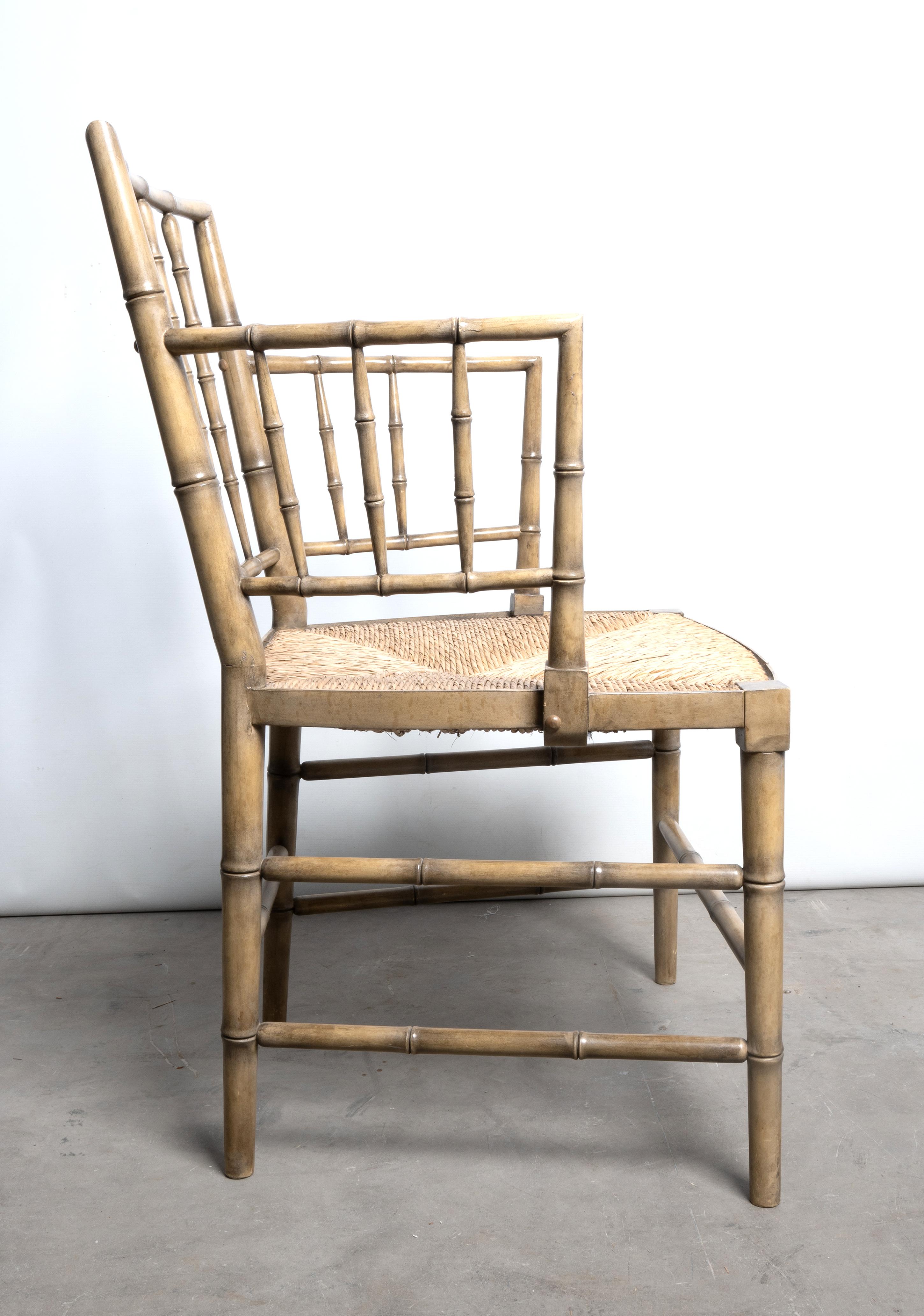 Regency Style Faux Bamboo Rush Seat Elbow Chair Desk Chair For Sale 4