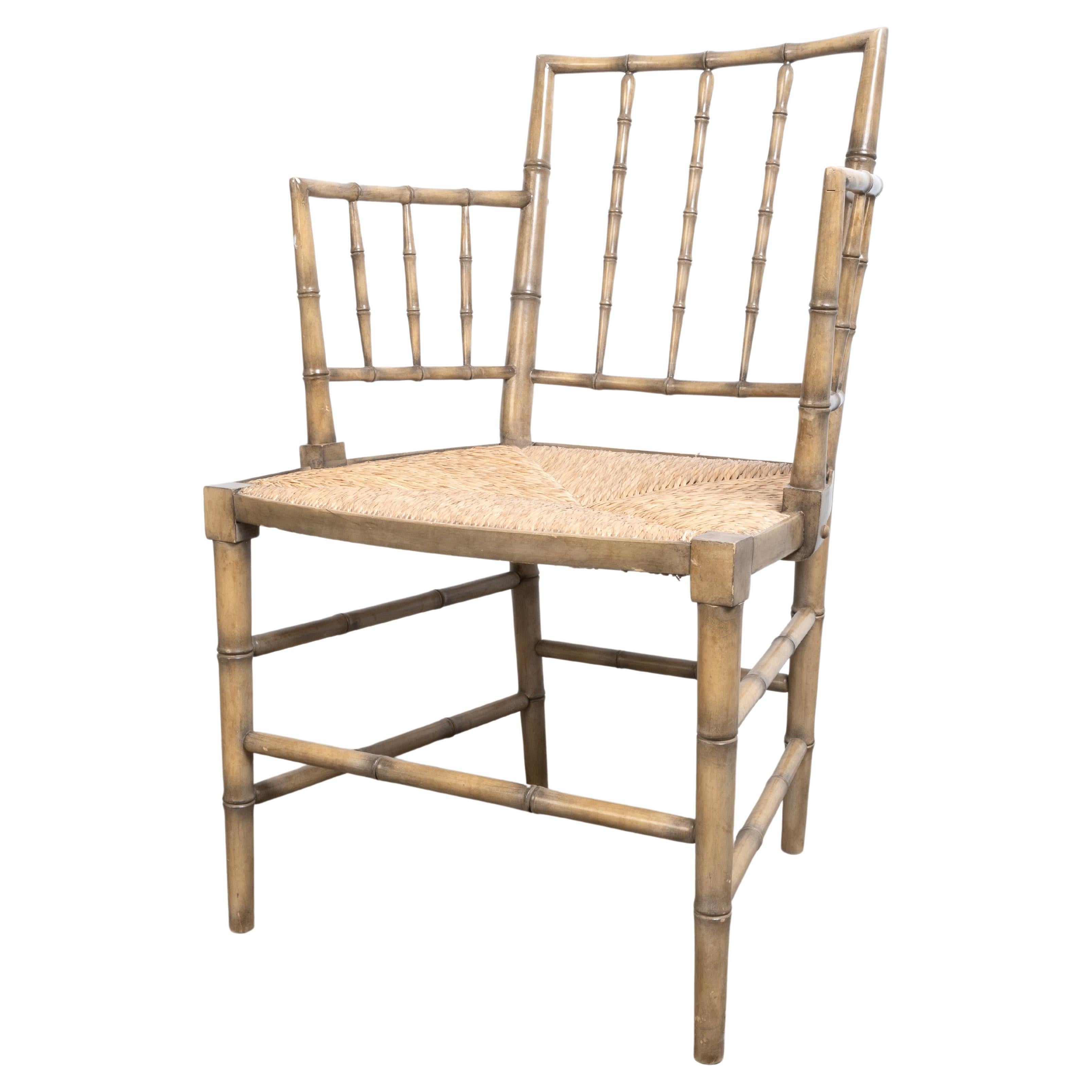 Regency Style Faux Bamboo Rush Seat Elbow Chair Desk Chair