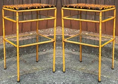 Regency Style Faux Bamboo Tole Side Tables W/ Hand Painted Tiger Tops - Pair